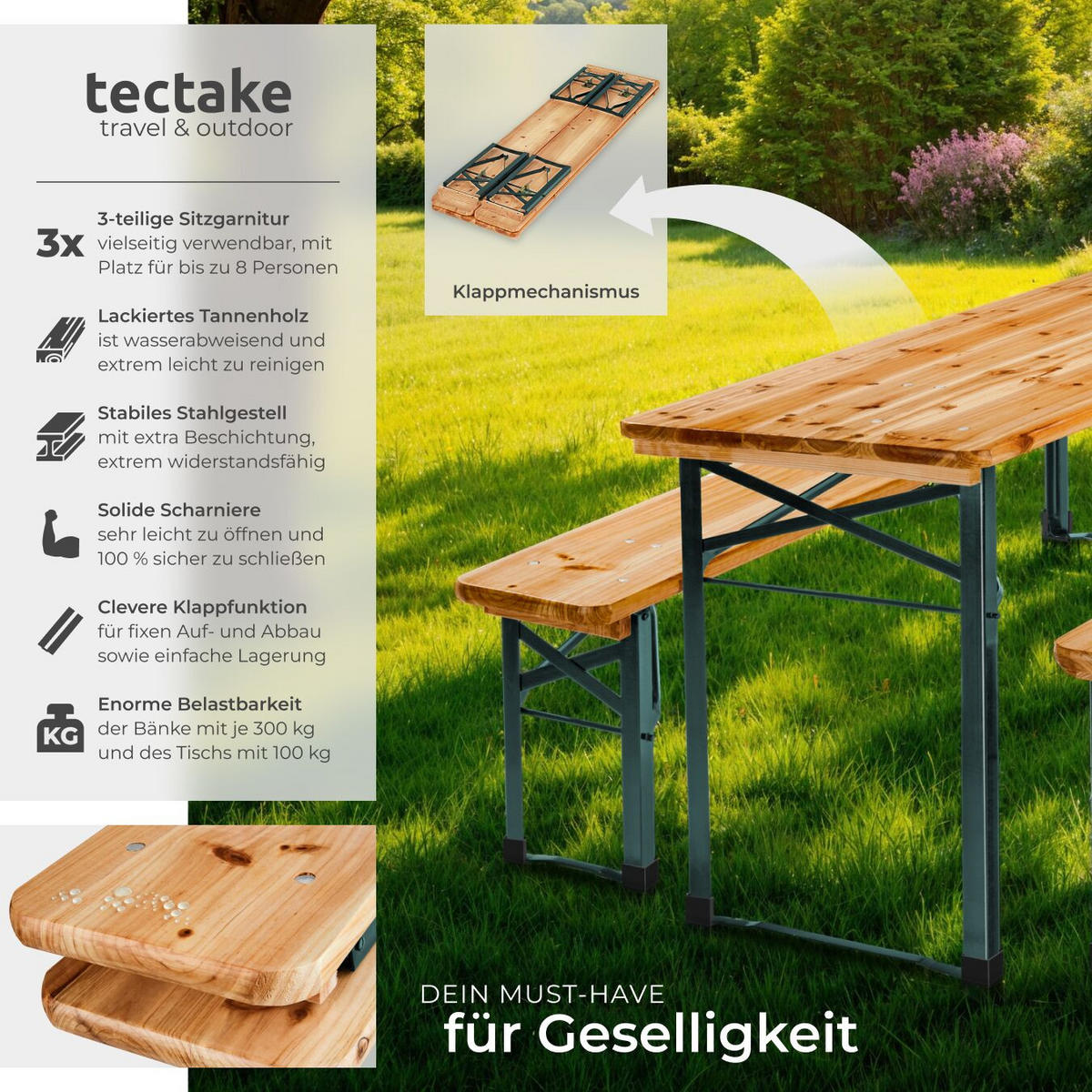 BIERZELTGARNITUR Sissi,robustes Tannenholz mit Schutzlackierung,braun - Braun, Naturmaterialien/Holz - tectake