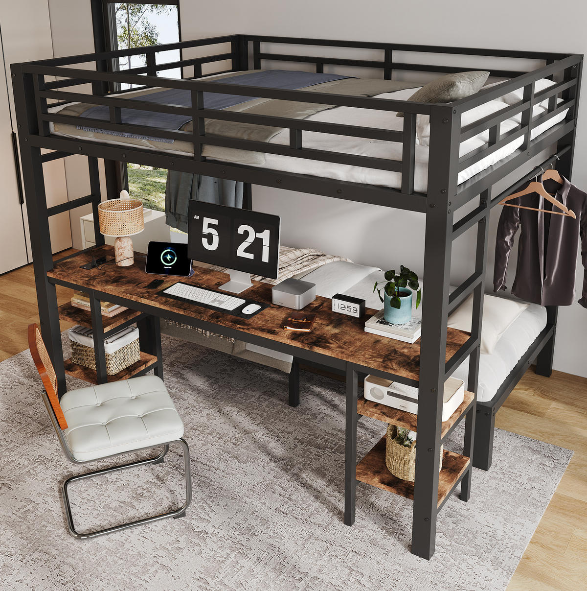 ETAGENBETT aus Metall 140x200/90x200 cm Schwarz/Vintage mit Schreibtisch, Kleiderstange und Ladestation - Schwarz, Metall (140/200cm) - Modfu
