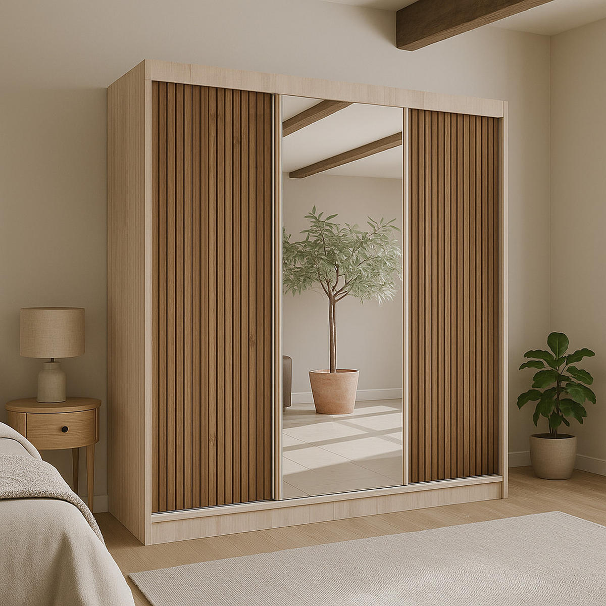 SCHWEBETÜRENSCHRANK Rafi mit Spiegel und mit geriffelten Fronten, 200 cm, eiche Sonoma+eichefarben - Eichefarben/Sonoma Eiche, Holzwerkstoff (200/215/61cm) - AN-Moebel 4u