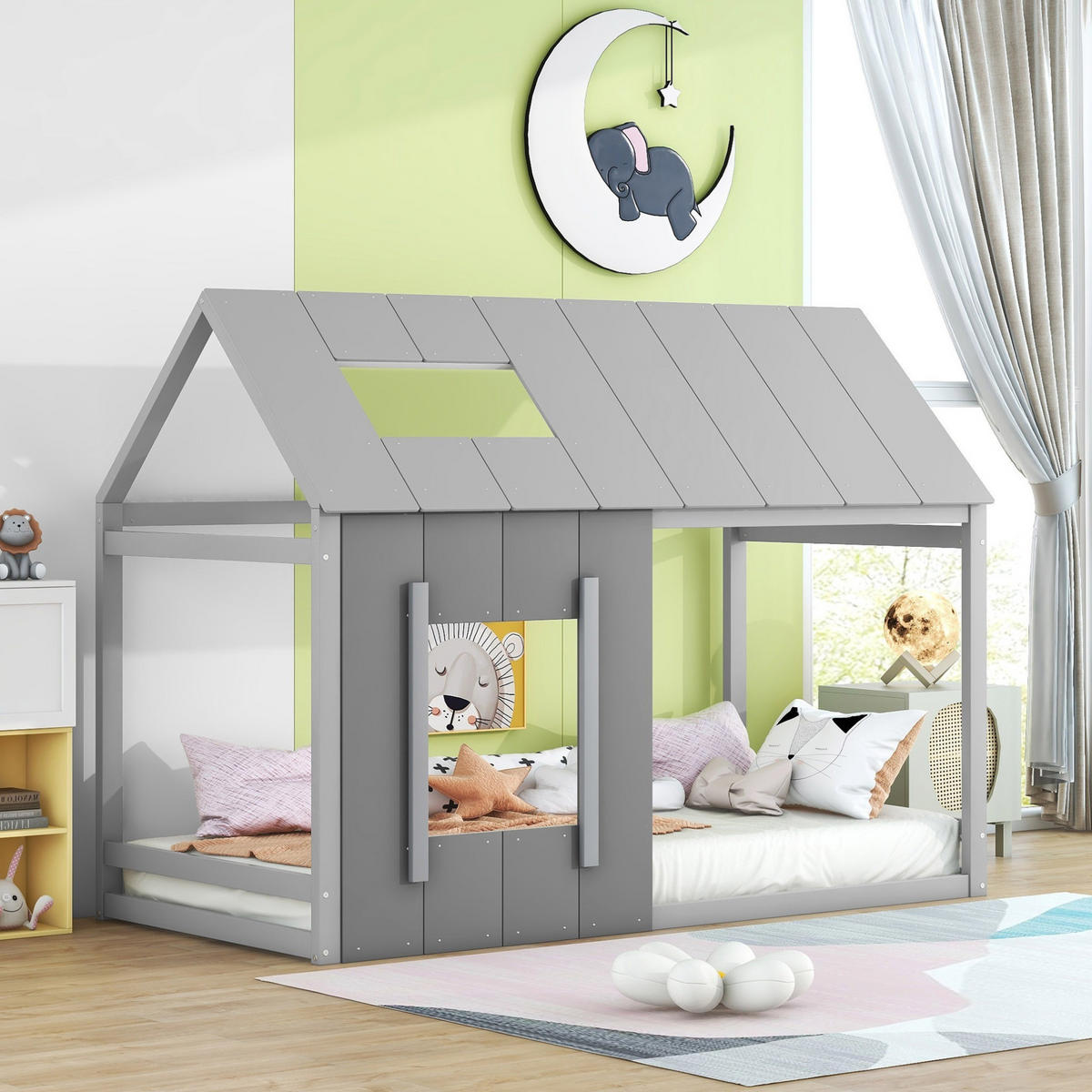 DOMČEKOVÁ posteľ 90/200 cm sivá s oknom a strechou z borovice a MDF - sivá, kompozitné drevo (90/200cm) - OKWISH