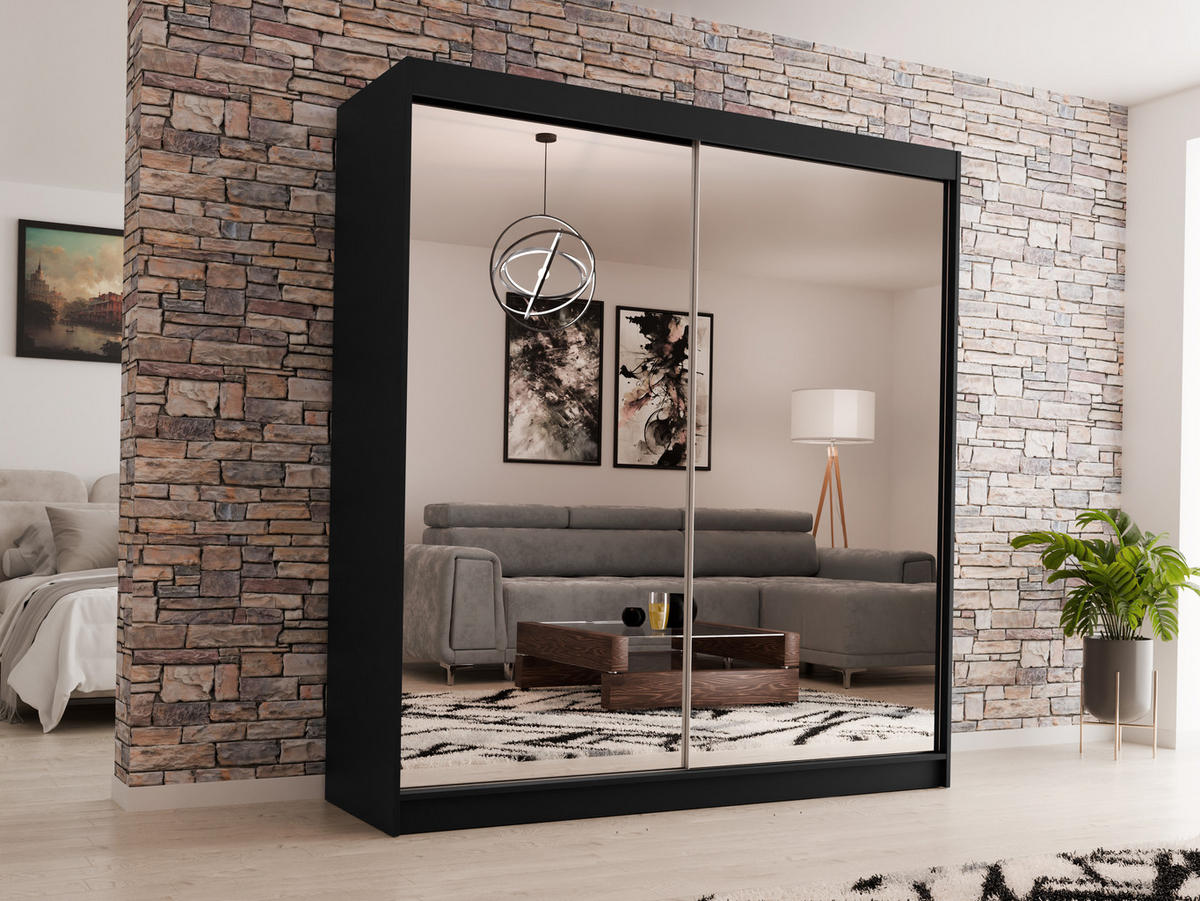 SCHWEBETÜRENSCHRANK Debra 200/216/61 schwarz mit Spiegel - Schwarz, Holzwerkstoff (200/216/61cm) - Beautysofa