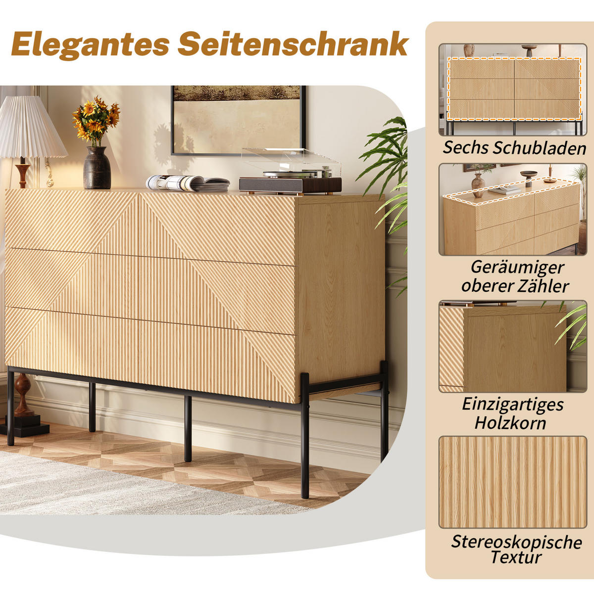 SIDEBOARD 115,5/38/75 cm Natur aus MDF mit 6 Schubladen - Naturfarben, Holzwerkstoff (115.5/75/38cm) - OKWISH