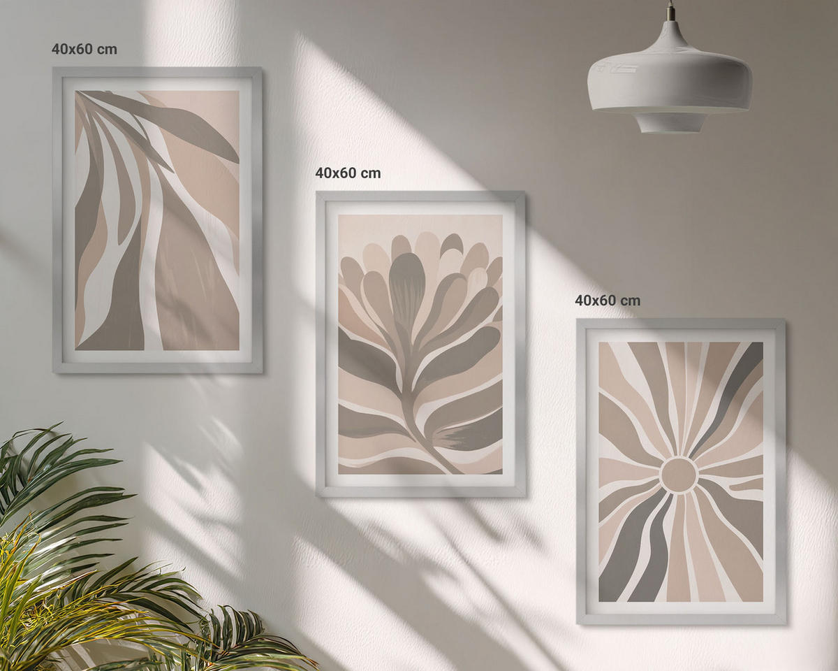 BILDER SET 3er Set - 40x60 cm Silberner Rahmen - Abstrakte Pflanzenmuster - Silberfarben, Kunststoff (40/60cm) - TULUP