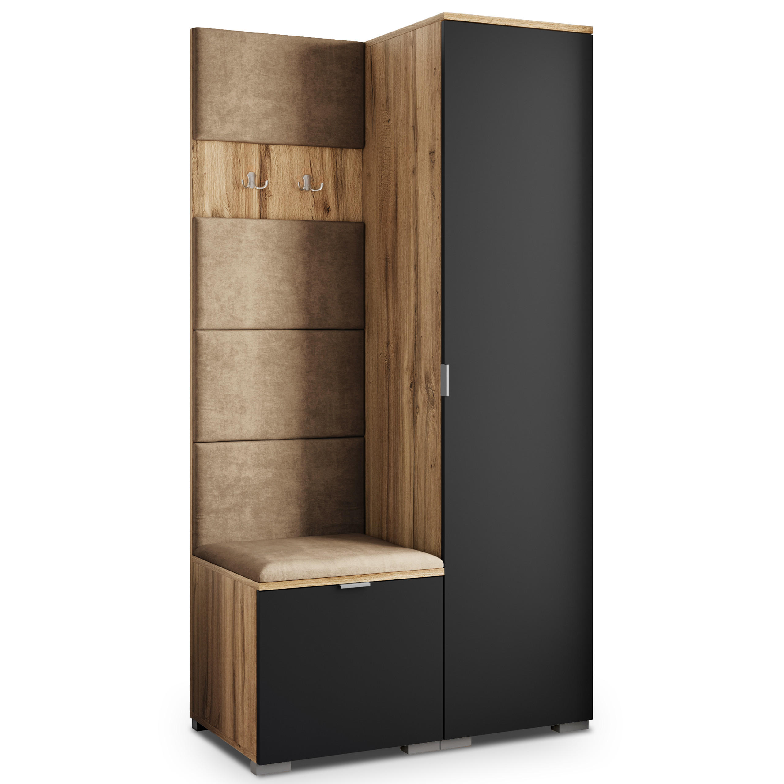 Masseno Garderobenschrank Eiche Wotan, Schwarz, Mokka 95x181x51 cm