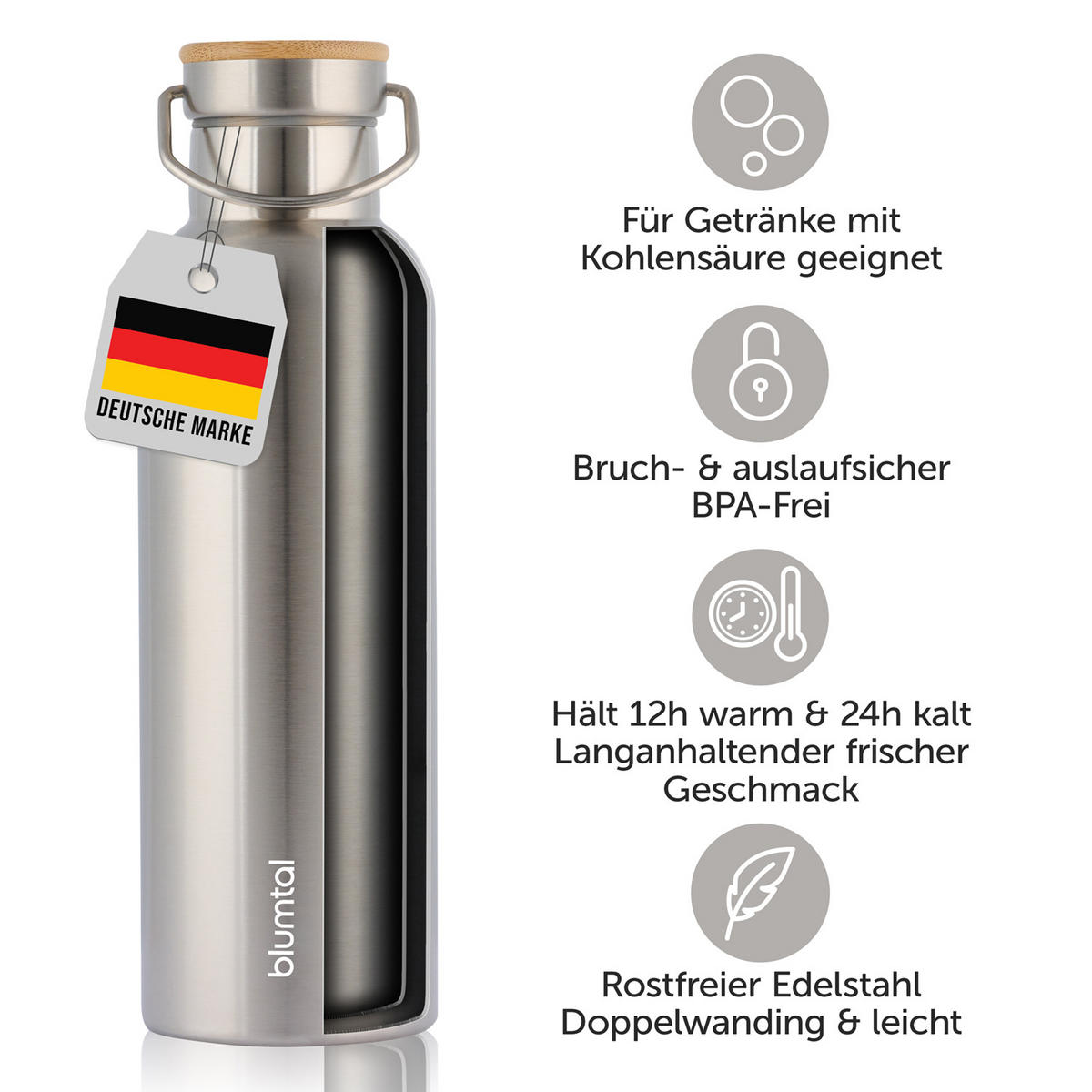 TRINKFLASCHE Leni 1000 ml, inkl. Teesieb und Sportdeckel - Edelstahlfarben, Metall (1L) - Blumtal