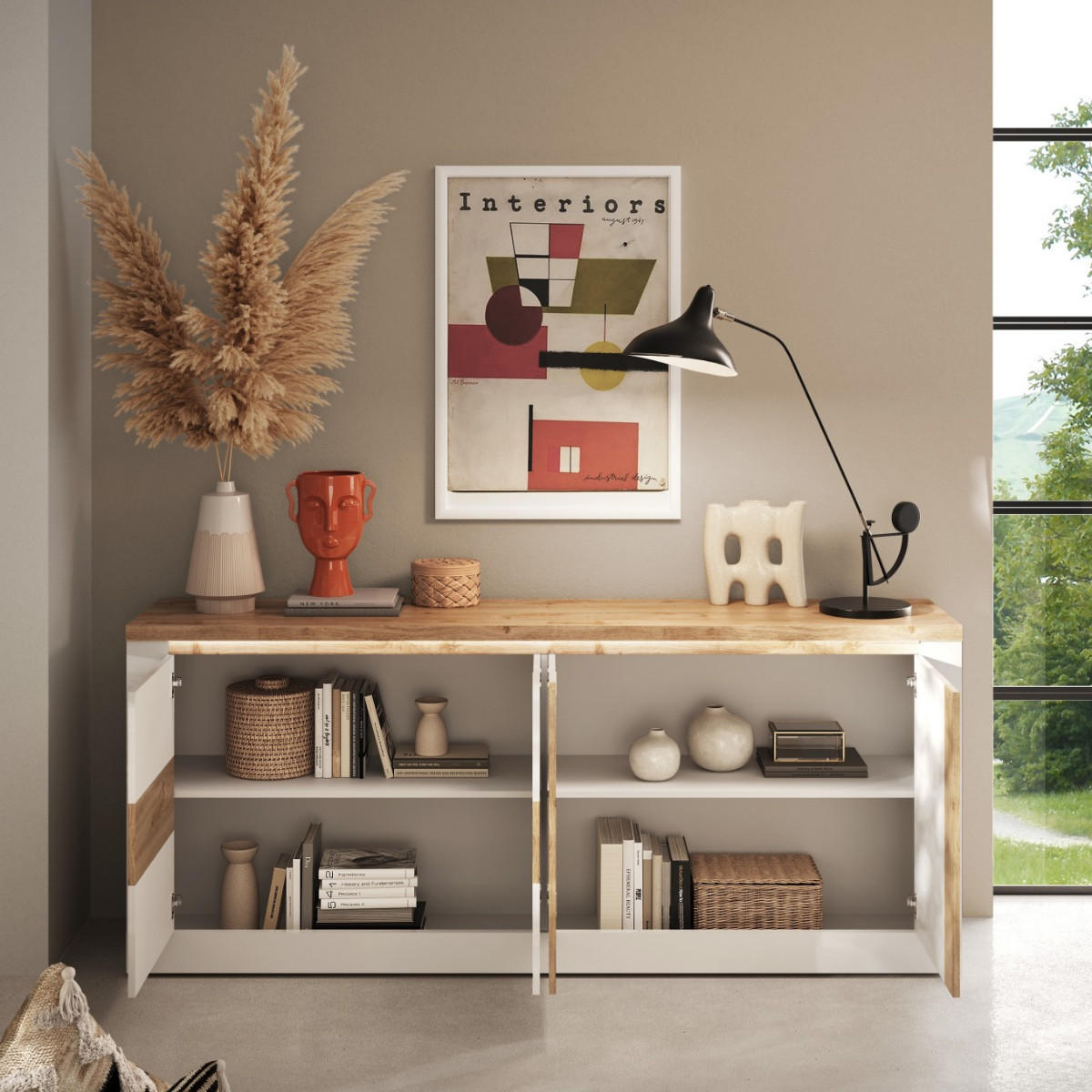 SIDEBOARD 4?türig mit LED?Beleuchtung Eichendekor und Weiß 207/43/88 cm - Weiß, Holzwerkstoff (43/88/207cm) - Calicosy