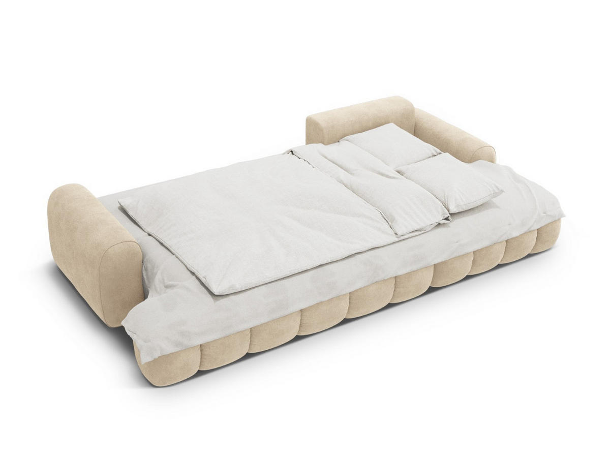 AUSKLAPPBARES-ECKSOFA rechts mit Container Linz aus Samt leichtes beige 3 Sitzplätze - Creme, Textil (142/275cm) - Cosmopolitan Design