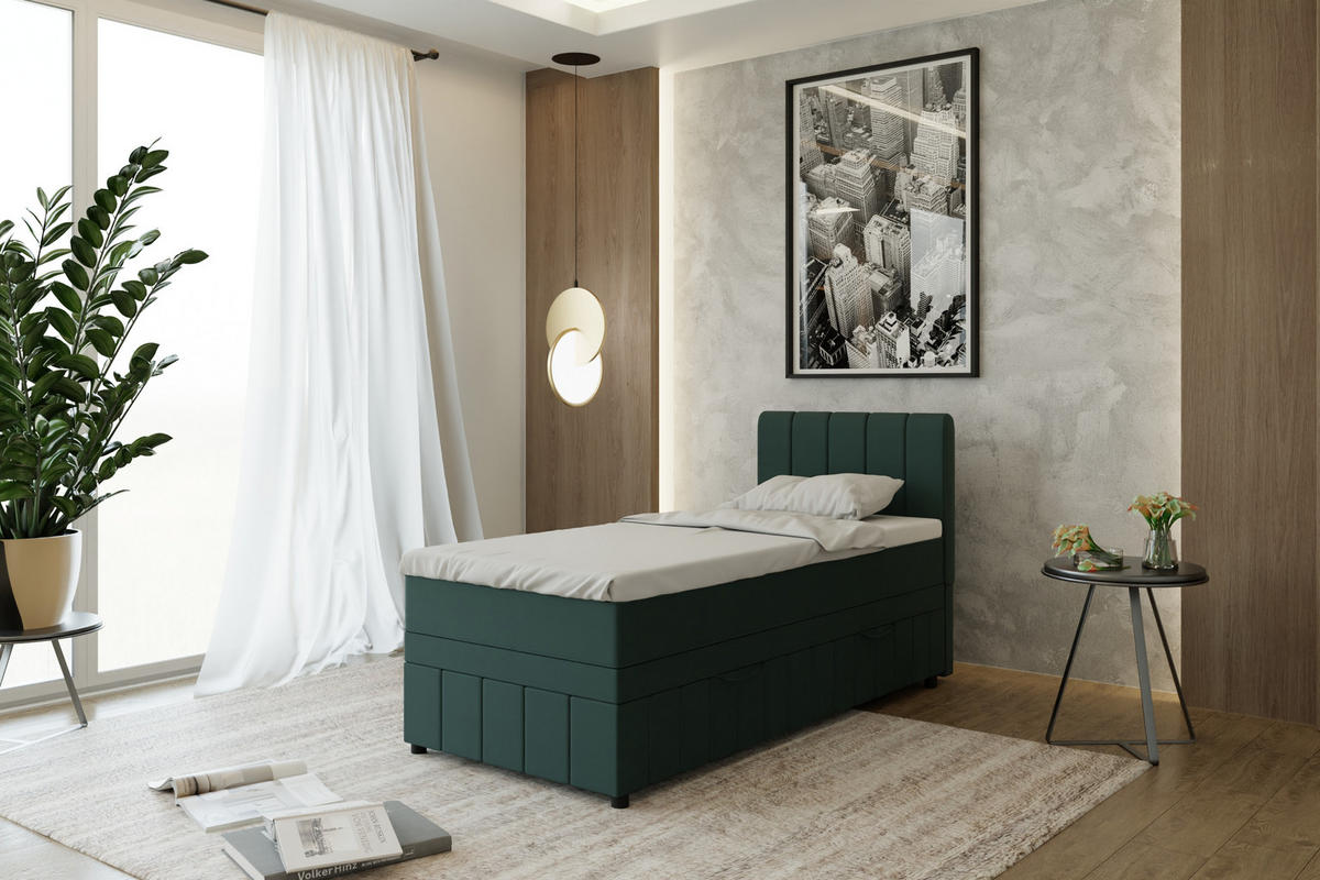 BOXBETT AVALON 90 x 200 cm mit Bettkasten und Topper - Dunkelgrün - Dunkelgrün, Holz - Panda Möbel