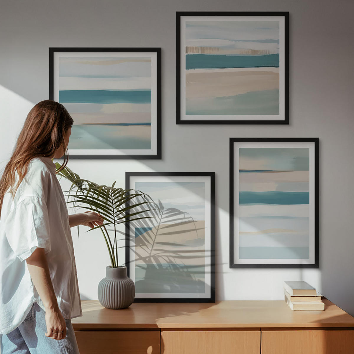 BILDER SET 4er Set - 50x50 cm & 40x60 cm Schwarzer Rahmen - Abstrakte blaue Landschaften - Schwarz, Kunststoff (50/50cm) - TULUP
