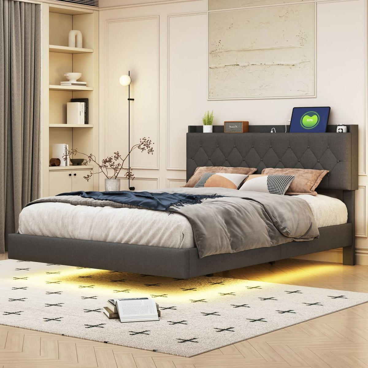 POLSTERBETT 140x200cm,mit USB-Ladeanschluss und LED-Farbwechselstreifen,Beige - Grau, Textil/Metall (140/200cm) - KOMHTOM