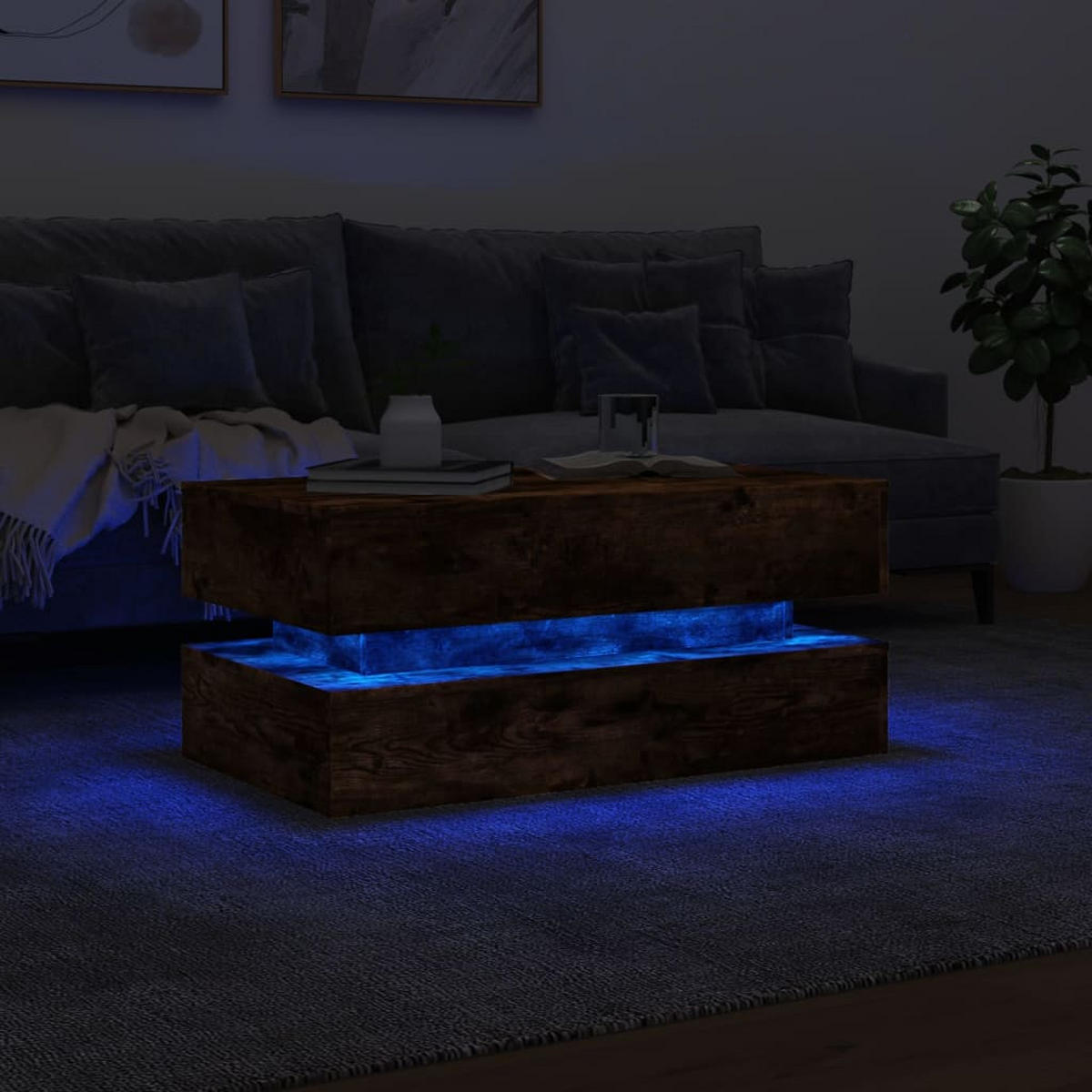 COUCHTISCH Moderner 90/50/40 cm aus Holzwerkstoff Räuchereiche-Dekor mit Led-Leuchten - Dunkelbraun, Holz (50/90/40cm) - vidaXL