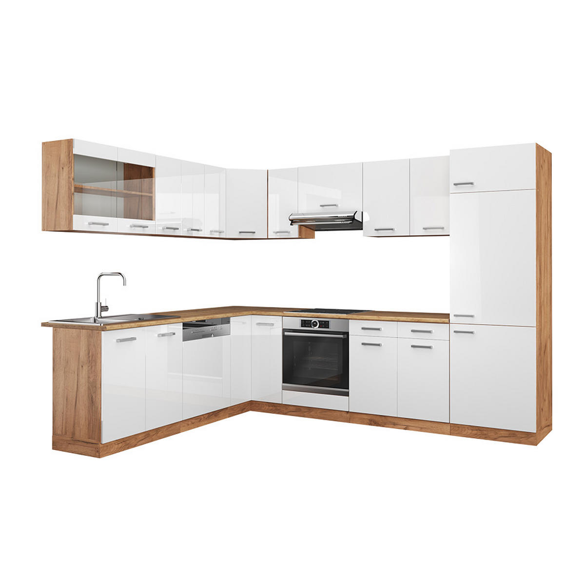 ECKKÜCHE R-Line Weiß Hochglanz/Goldkraft Eiche 227 x 287 cm ohne AP - Honigeiche/Weiß Hochglanz, Holzwerkstoff (287/81.6/46cm) - Vicco