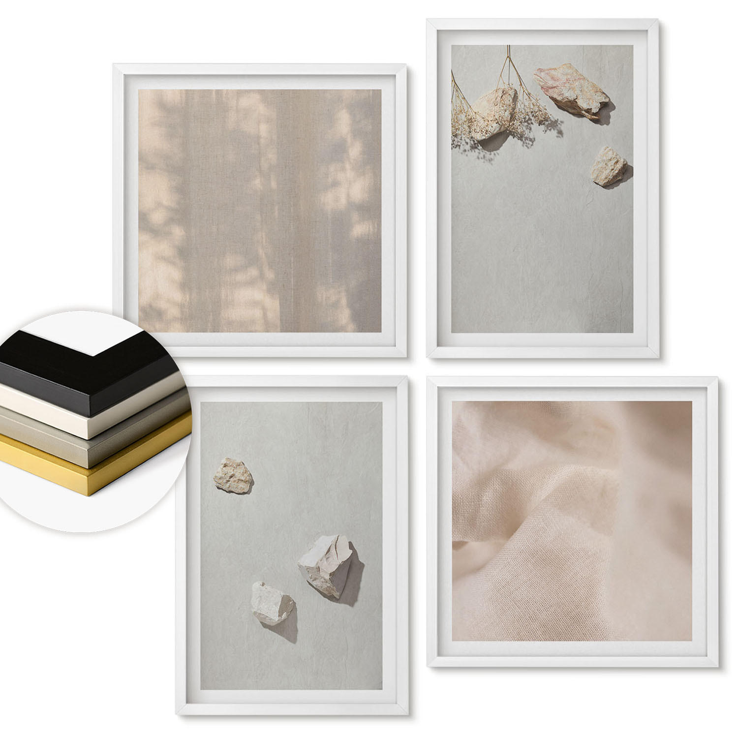 WANDBILDER 4er-Set - 50x50 cm & 40x60 cm Weißer Rahmen - Boho-Stranddekorationen aus Steinen - Weiß, Kunststoff (50/50cm) - ArtPrintCave
