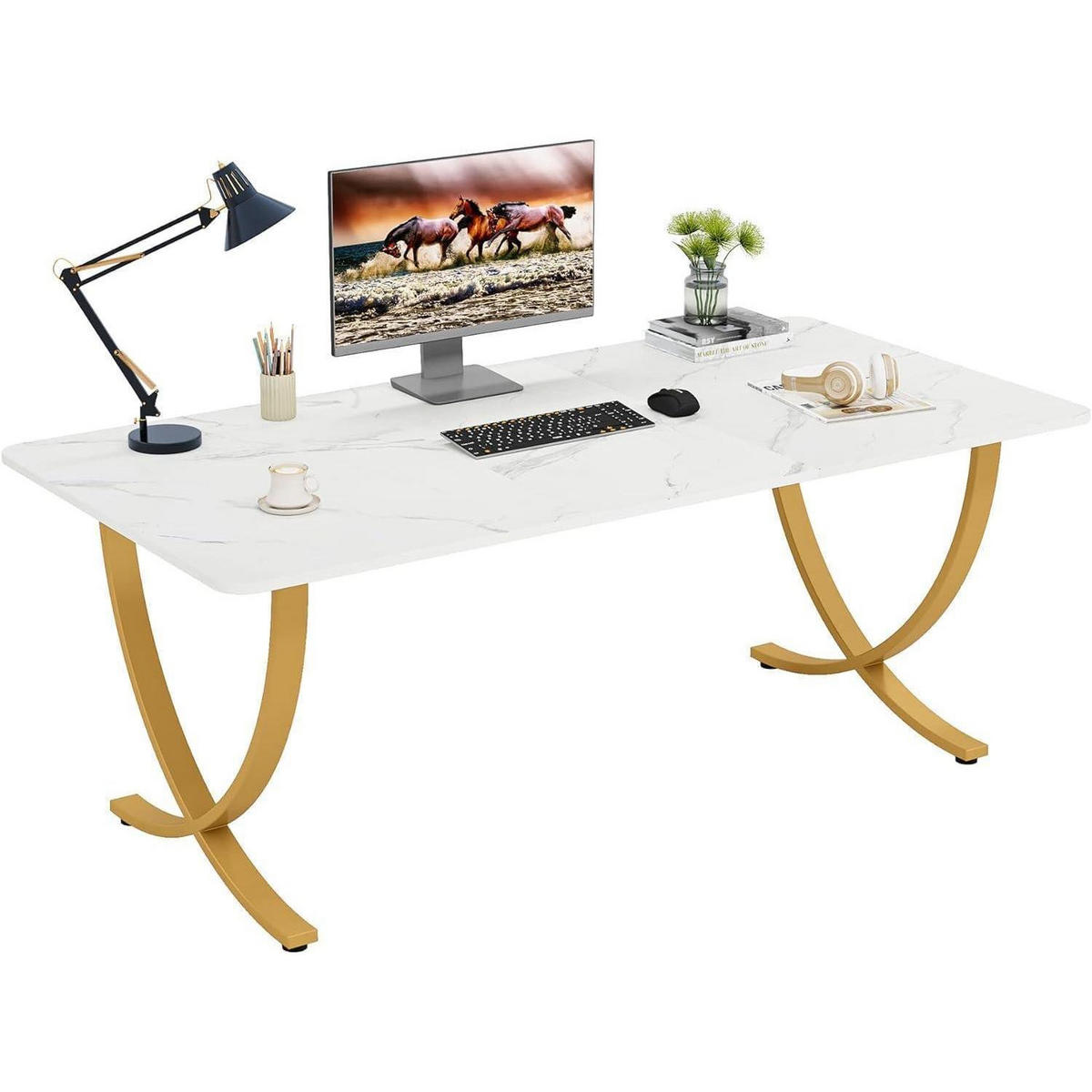 SCHREIBTISCH Computertisch 160 x 80 cm Kunstmarmor Weiß Gold - Multicolor, Stein (80/160/75cm)