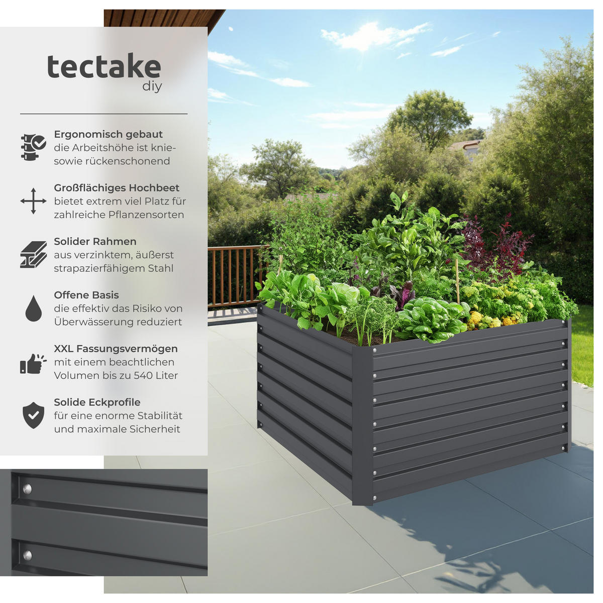 HOCHBEET Blomma,100 x 100 x 56 cm,anthrazit - Anthrazit, Metall (100/56/100cm) - tectake