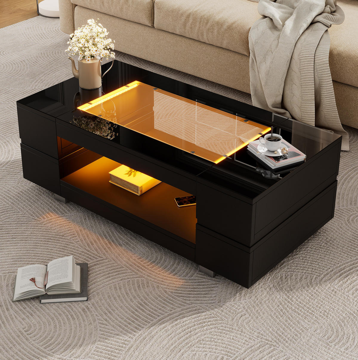 COUCHTISCH 100/50/35 cm schwarz aus Spanplatte und Sicherheitsglas mit LED - Schwarz, Holzwerkstoff (100/50/35cm) - OKMYHOME