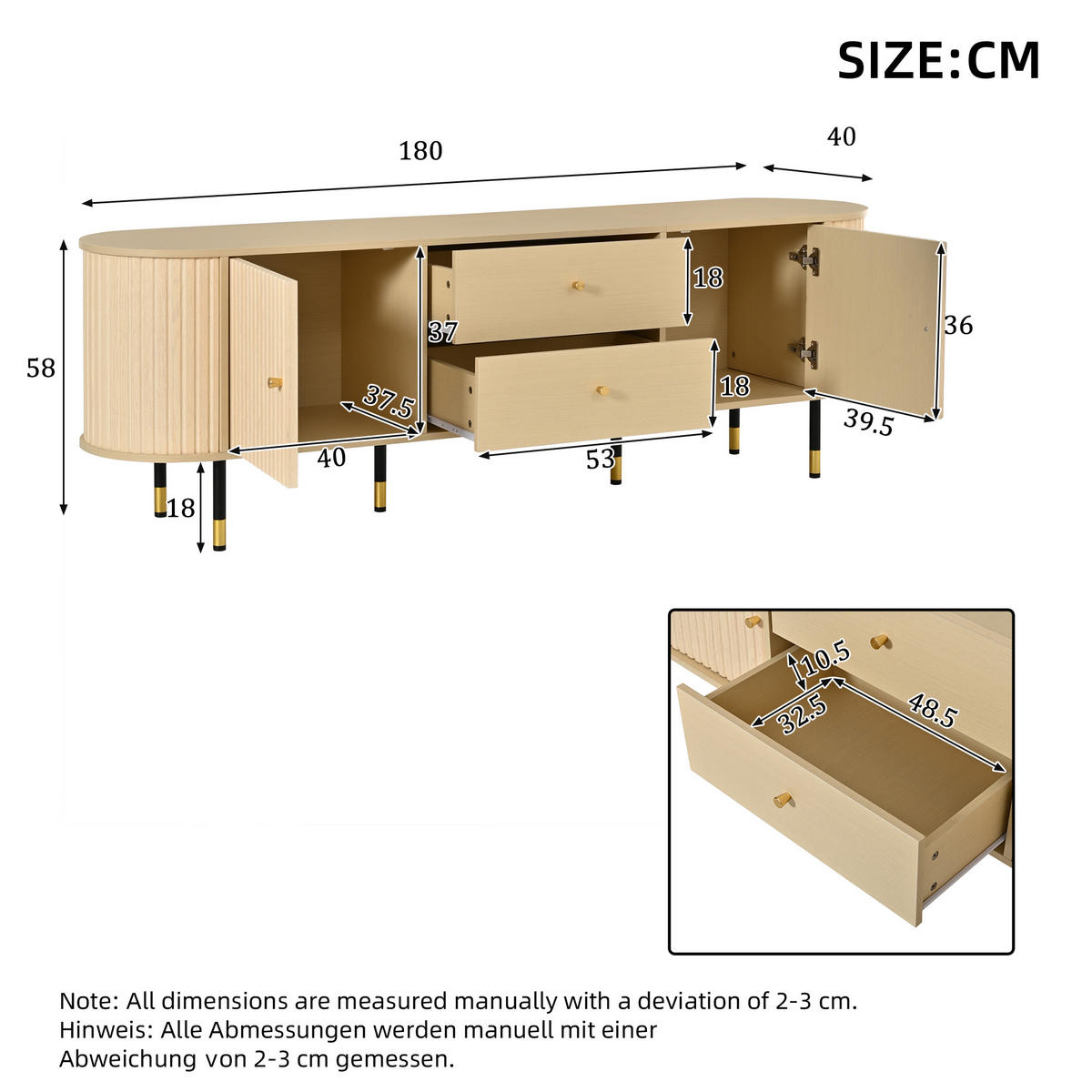 TV-ELEMENT180X40X58CM mit Schiebetüren und Schubladen in Naturfarbenholzoptik - Naturfarben, Holz (46.51/18.01/75.79cm) - Raelunyi