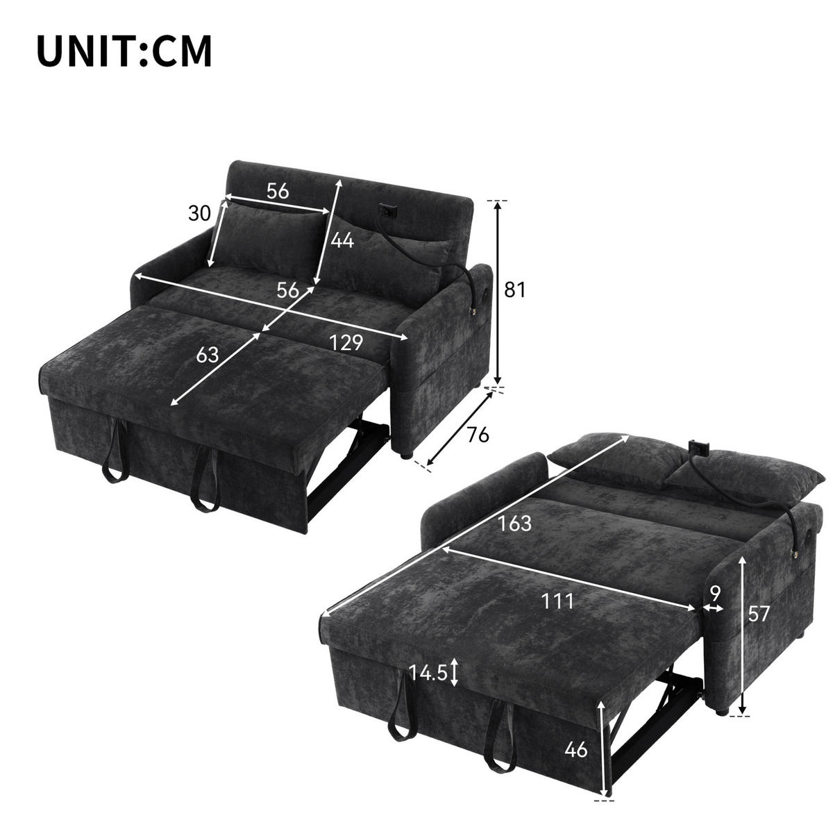 SCHLAFSOFA Doppel mit Schlaffunktion verstellbarer Rückenlehne Handyhalter & USB-Anschluss Grau 129/163/81 cm - Grau, Textil (129/81/76cm) - OKWISH