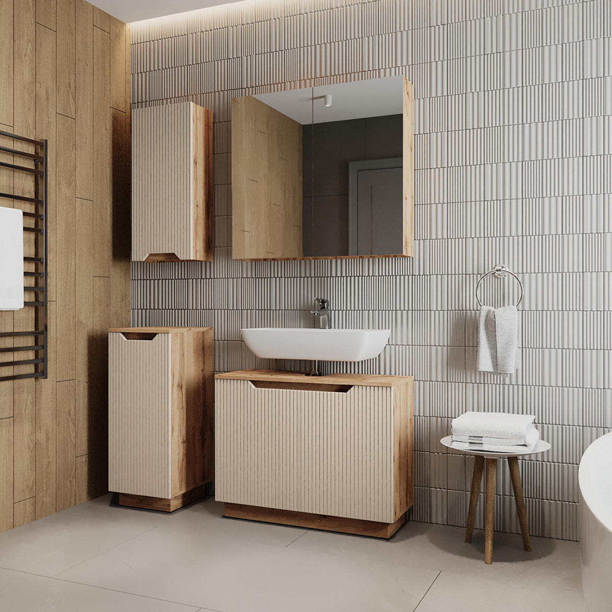 BADMÖBEL-SET Lotta Eiche/Kaschmir gestreift 4 Teile - Kaschmir, Holzwerkstoff (79.6/62.1/32cm) - Vicco