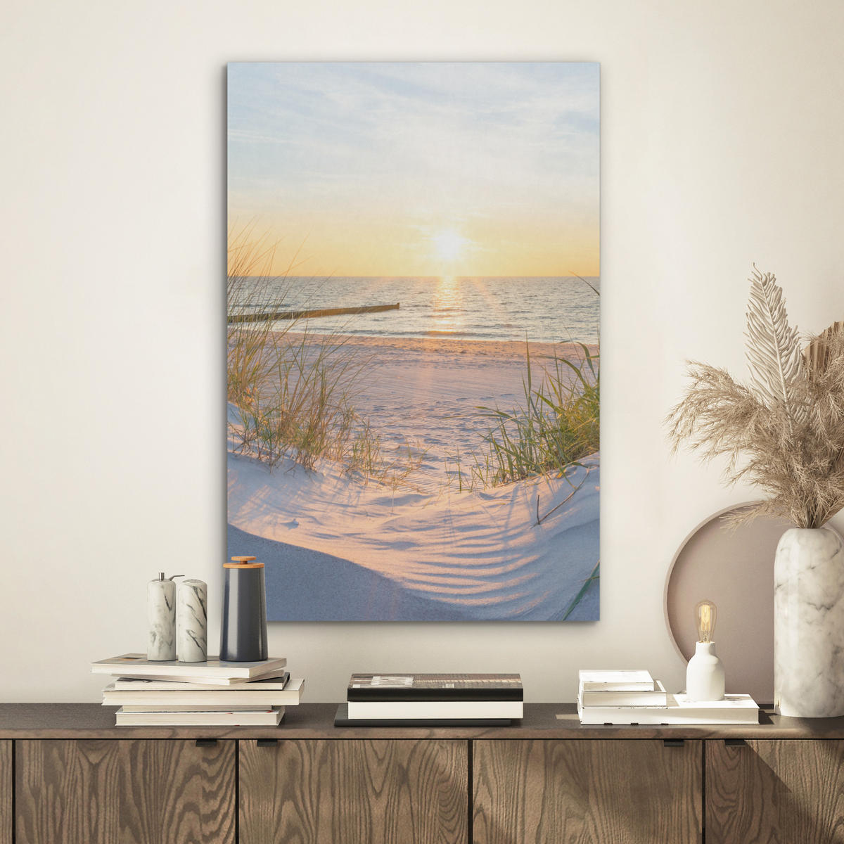 AKUSTIKBILD Strand - Sonne - Düne - Gras - Sand - Horizont Kunstdruck Schlafzimmer 50x70 cm - Hellblau, Kunststoff (50/70/0.9cm) - MuchoWow