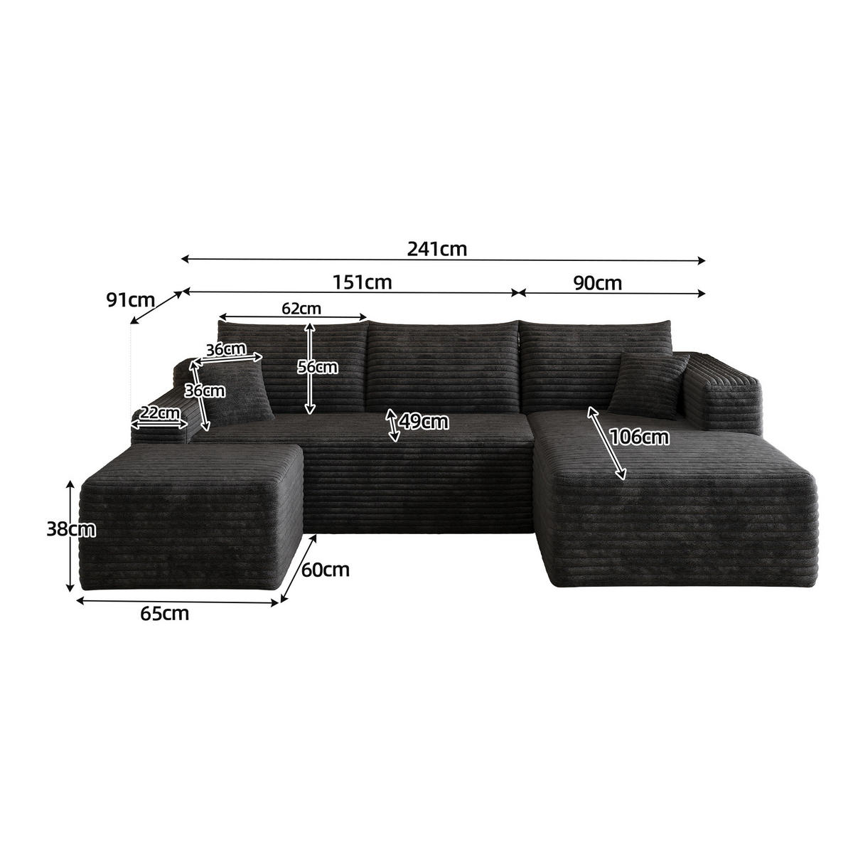 ECKSOFA 241/151/58 cm schwarz aus Stoff ohne Montage - Schwarz, Textil (151/241cm) - OKWISH
