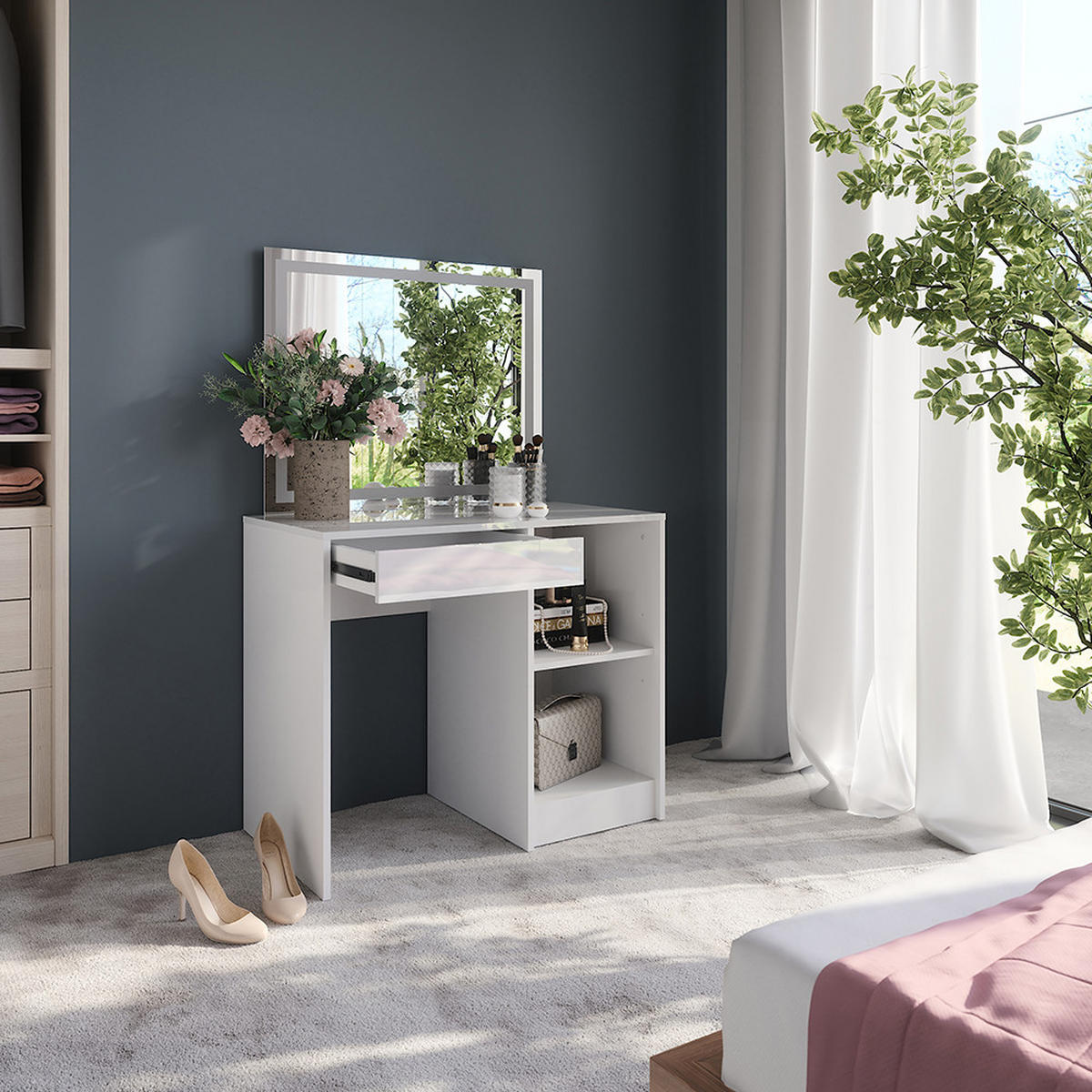 SCHMINKTISCH Sherry Weiß/Weiß Hochglanz 89.8 cm mit LED-Spiegel - Weiß Hochglanz, Holzwerkstoff (89.8/76/50.1cm) - Vicco