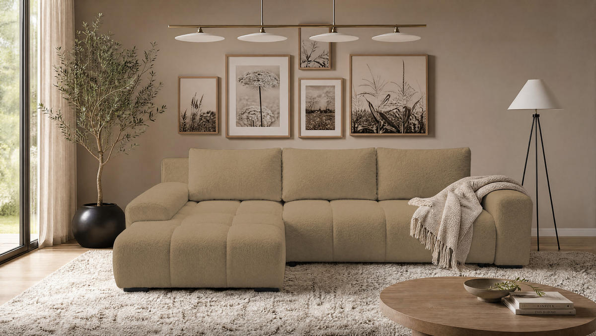 ECKSOFA Ovia mit Bettkasten und Schlaffunktion, Bouclé-Stoff in L-Form - Cappuccino, Textil (270/185cm)