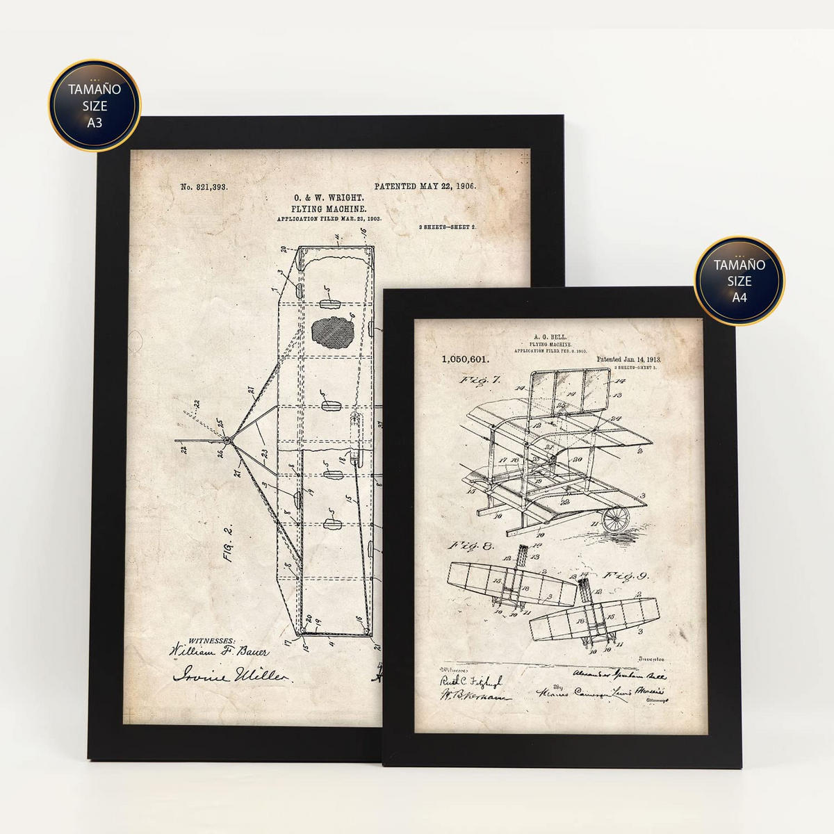POSTER Set Mit 6 Plakaten Mit Flugzeug Patenten Im Vintage Stil A3 & A4 Schwarzer Rahmen - Schwarz, Papier (29/3cm) - Nacnic
