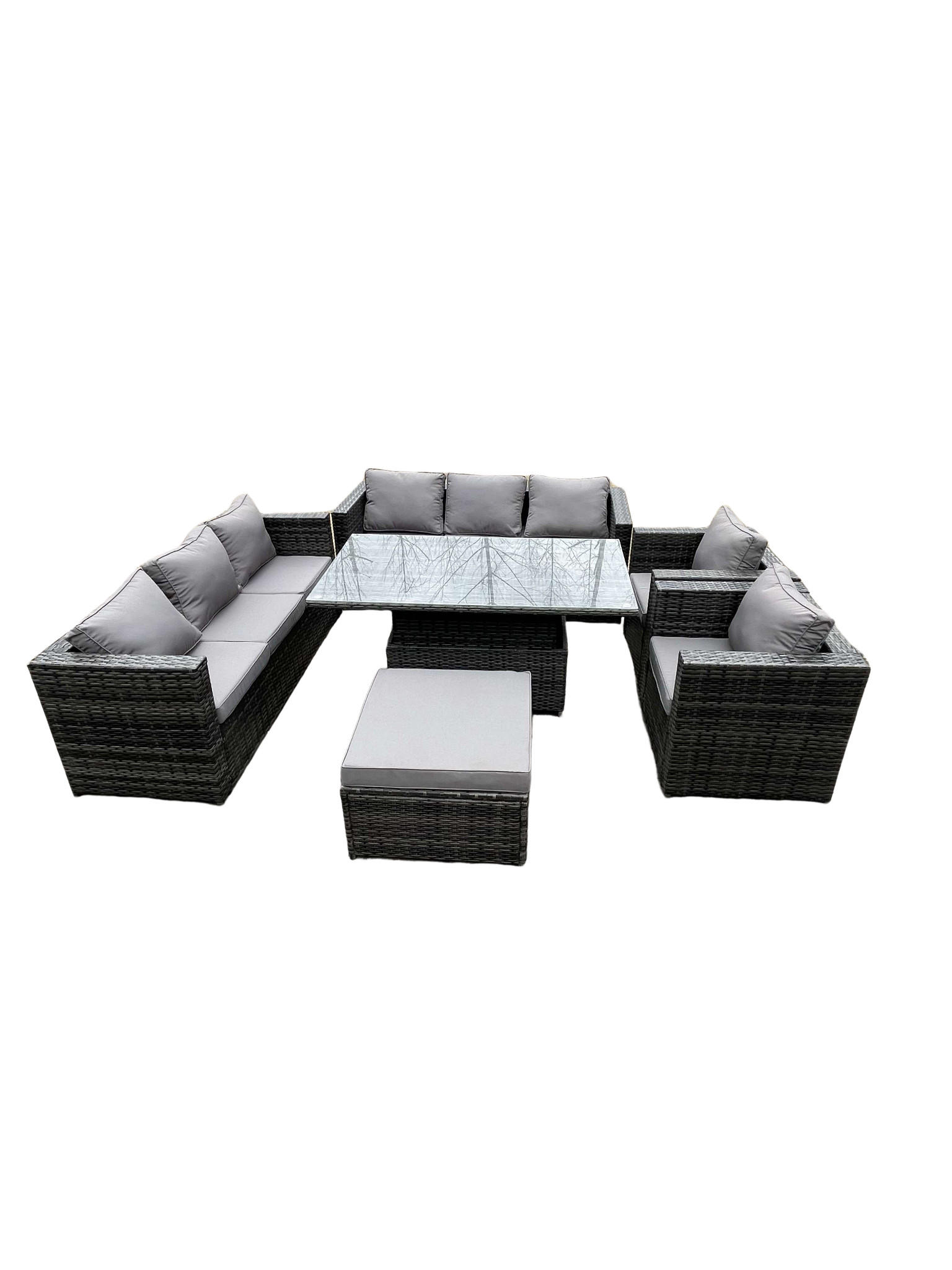 GARTENMÖBEL SET mit Hocker Polyrattan 9-Sitzer - Dunkelgrau/Grau, Glas/Kunststoff - Fimous