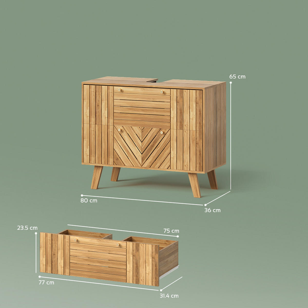 SPODNÁ SKRINKA POD UMÝVADLO Olona, Bambus, 80 x 65 cm s 2 zásuvkami - prírodná farba, kompozitné drevo (80/65/36cm) - Livinity®