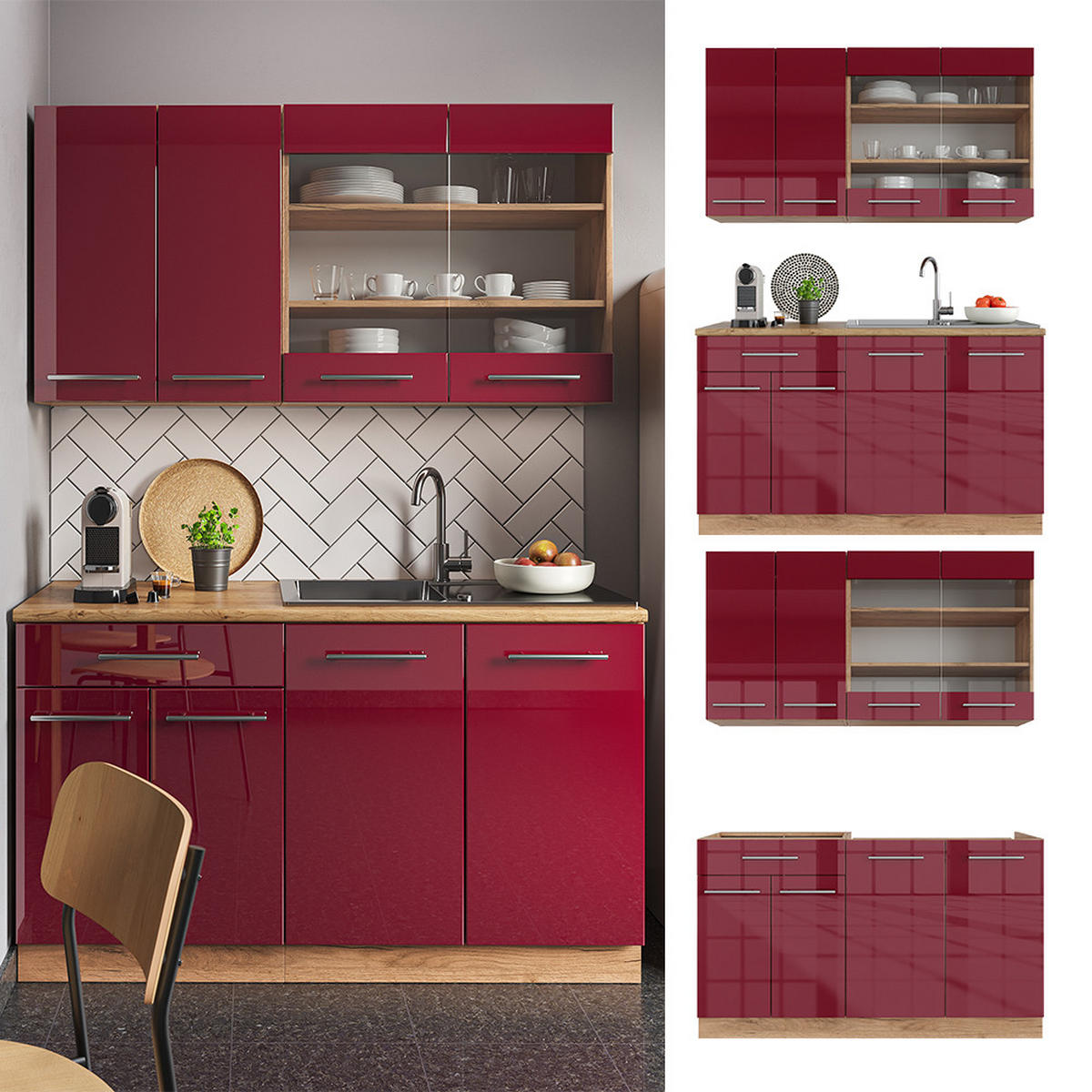 SINGLEKÜCHE Fame-Line Bordeaux Hochglanz/Goldkraft Eiche 140 cm ohne AP - Bordeaux/Eiche Wotan, Holzwerkstoff (140/81.6/46cm) - Vicco