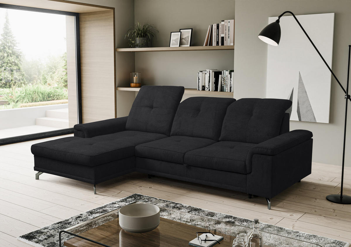 ECKSOFA PANAMA mit Schlaffunktion und Bettkasten, Farbe: Schwarz, Velourstoff, Ottomane Links - Schwarz, Textil (270/180cm) - VENASI MÖBEL