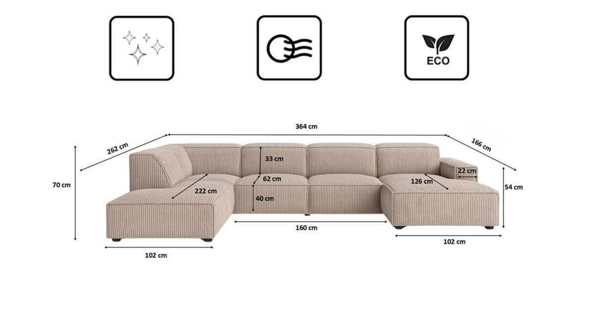 ECKSOFA Cursal V, Stoff Poso, Beige, Links - Beige, Holz (364/262cm) - Kaiser Möbel
