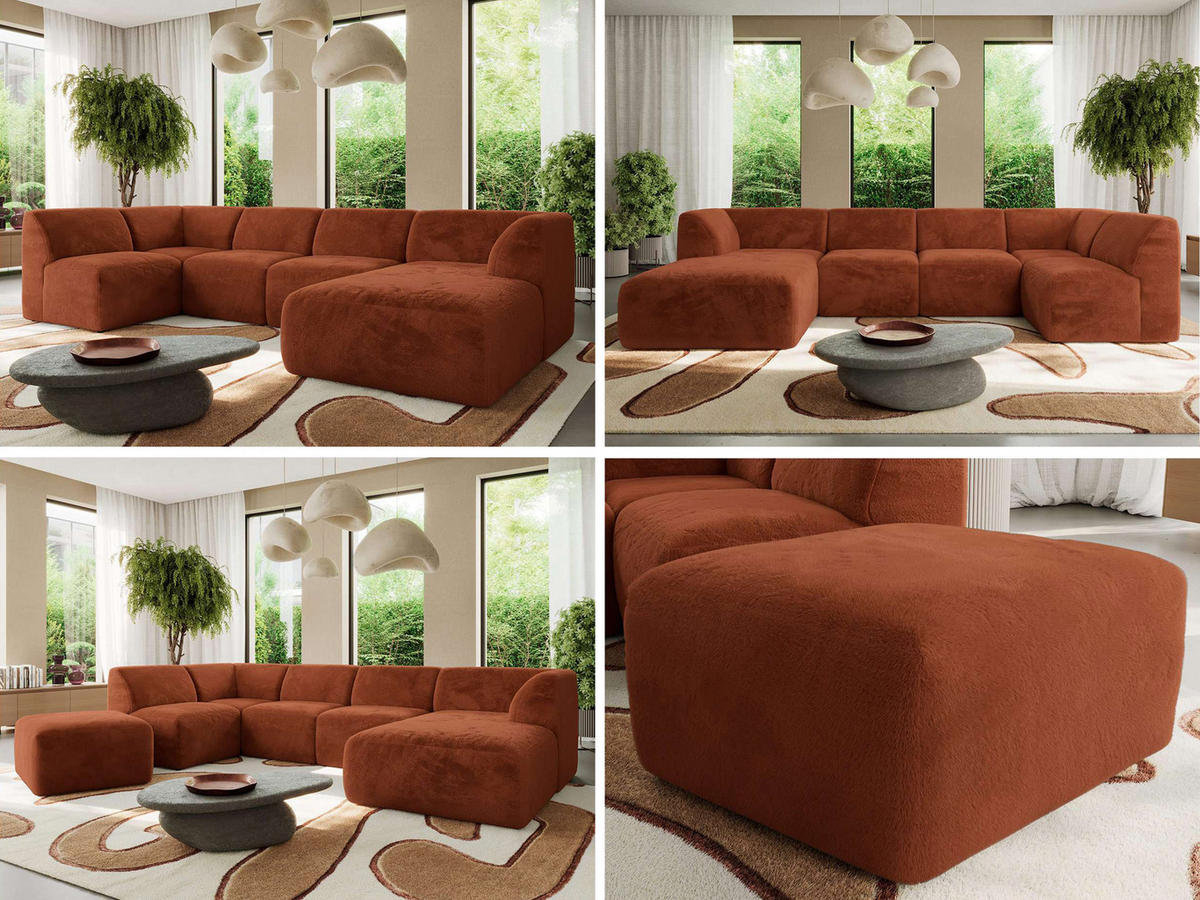 WOHNLANDSCHAFT MODARO U 6M - Orange Plüsch - Rechts - Schwarz/Orange, Textil (345/78/180cm) - MKS