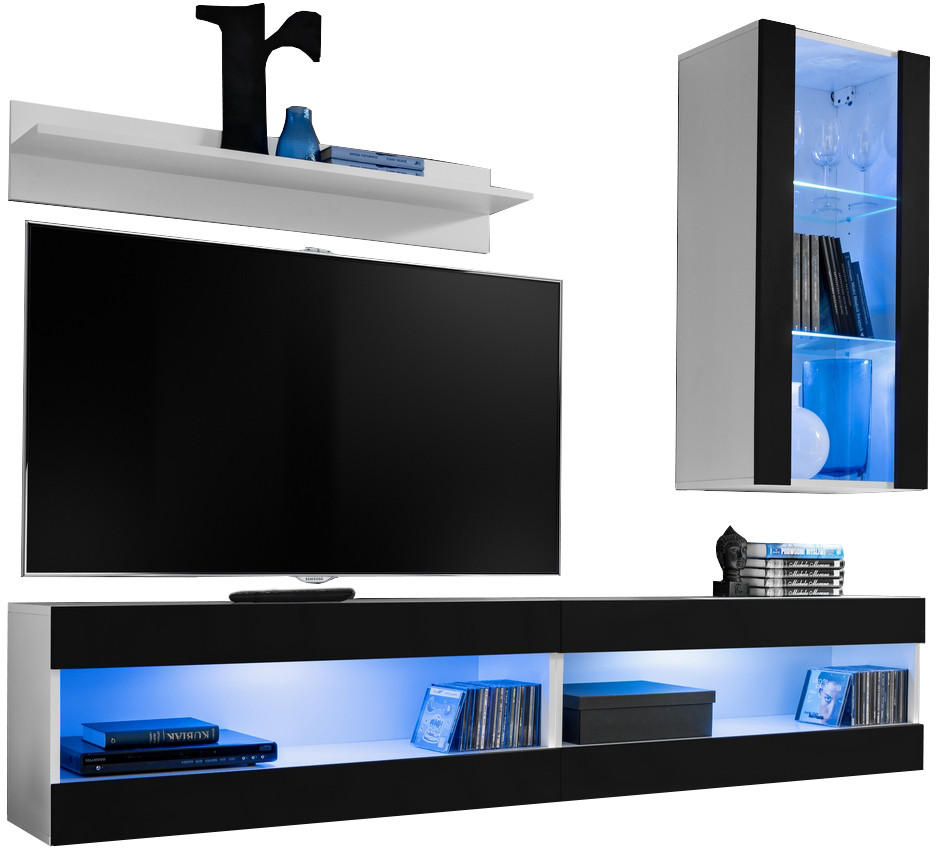 WOHNWAND TIVOLI SET5-WHITE/BLACK+BLU Offener Raum Weiß Schwarz - Schwarz/Weiß, Glas/Holzwerkstoff (200/195/35cm) - Komodee
