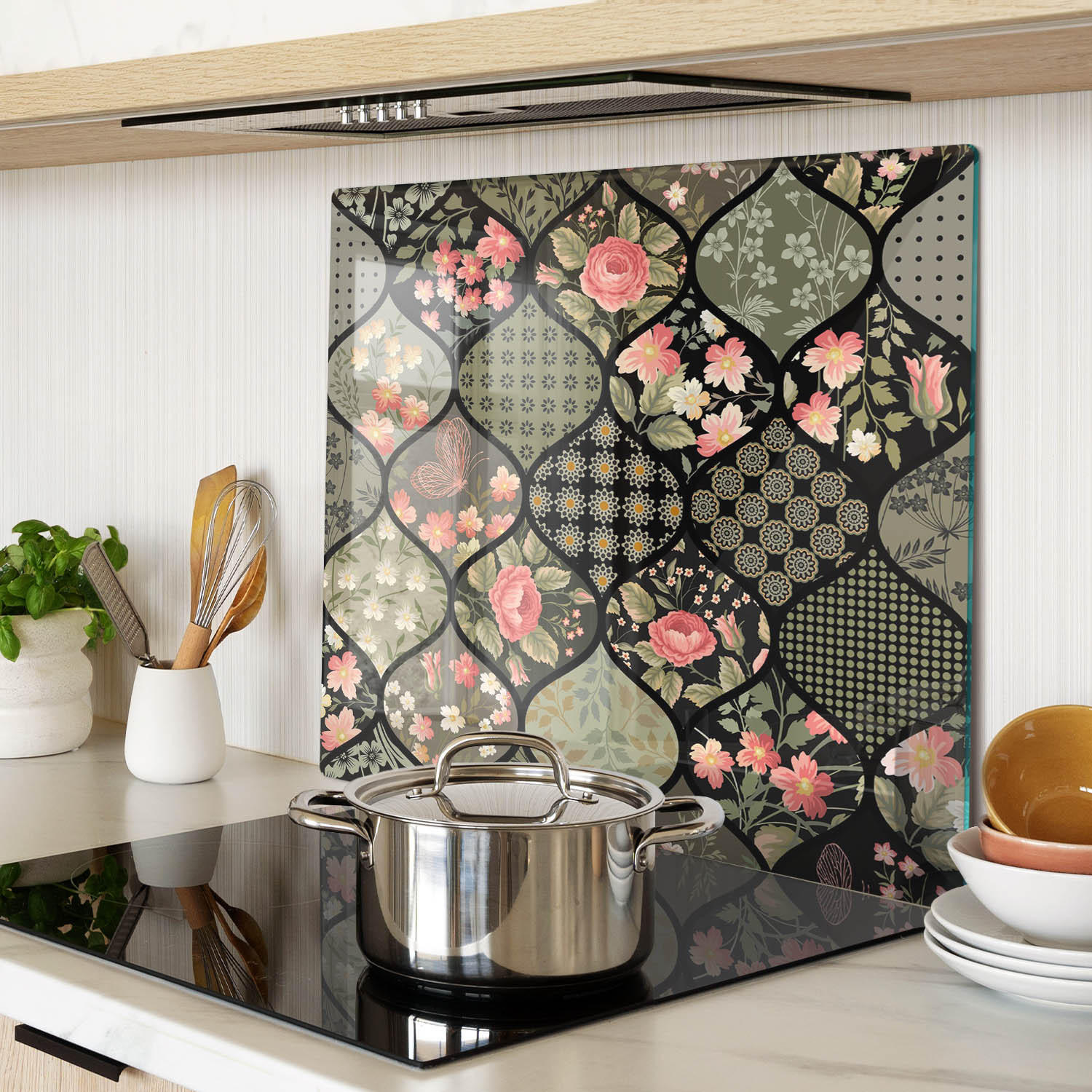 GLASPLATTE 60x52 cm Blumenmuster - Grün, Glas (60/0.4/52cm) - TULUP