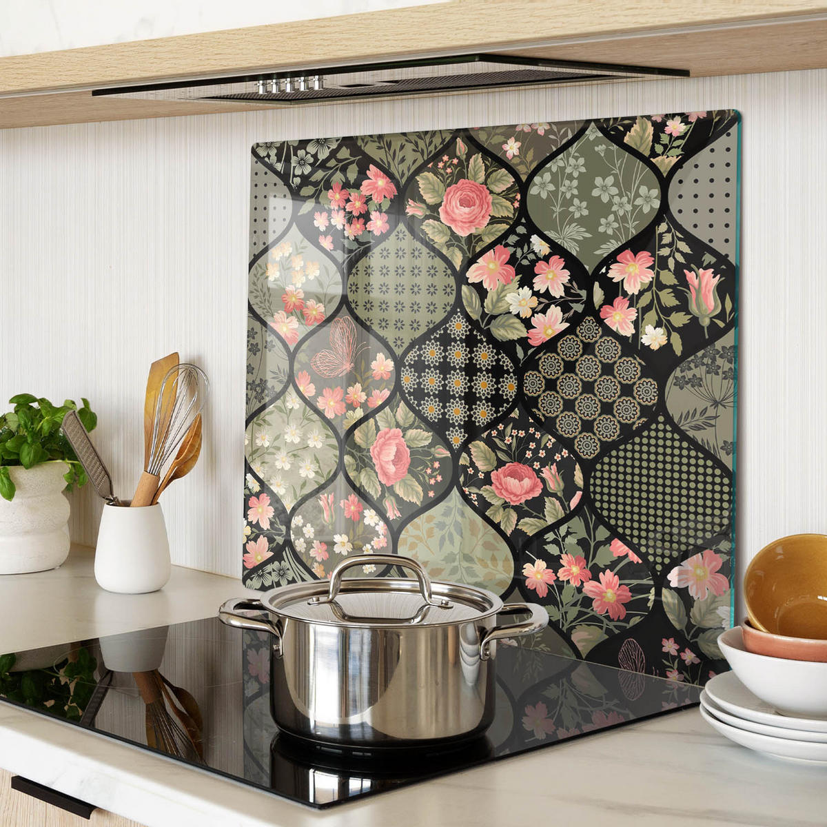 GLASPLATTE 60x52 cm Blumenmuster - Grün, Glas (60/0.4/52cm) - TULUP