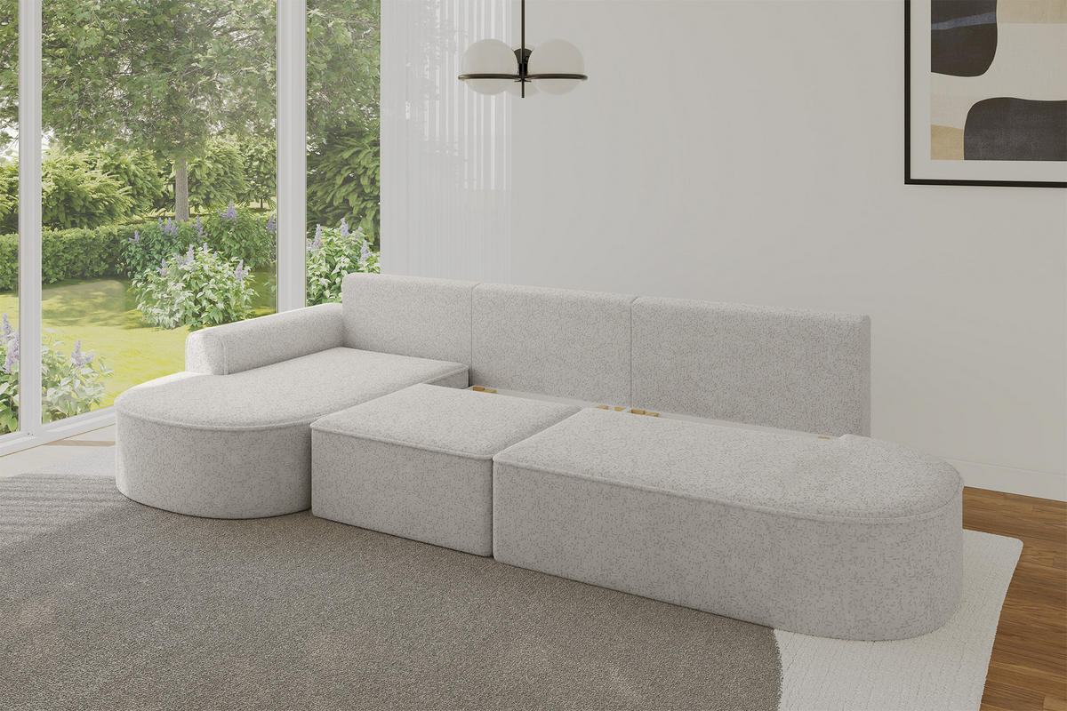ECKSOFA mit Schlaffunktion Ottomane Links MARI L2-S 368X167X85 Hellgrau Velours - Edelstahlfarben/Schwarz, Holzwerkstoff/Kunststoff (368/167cm) - ALTDECOR