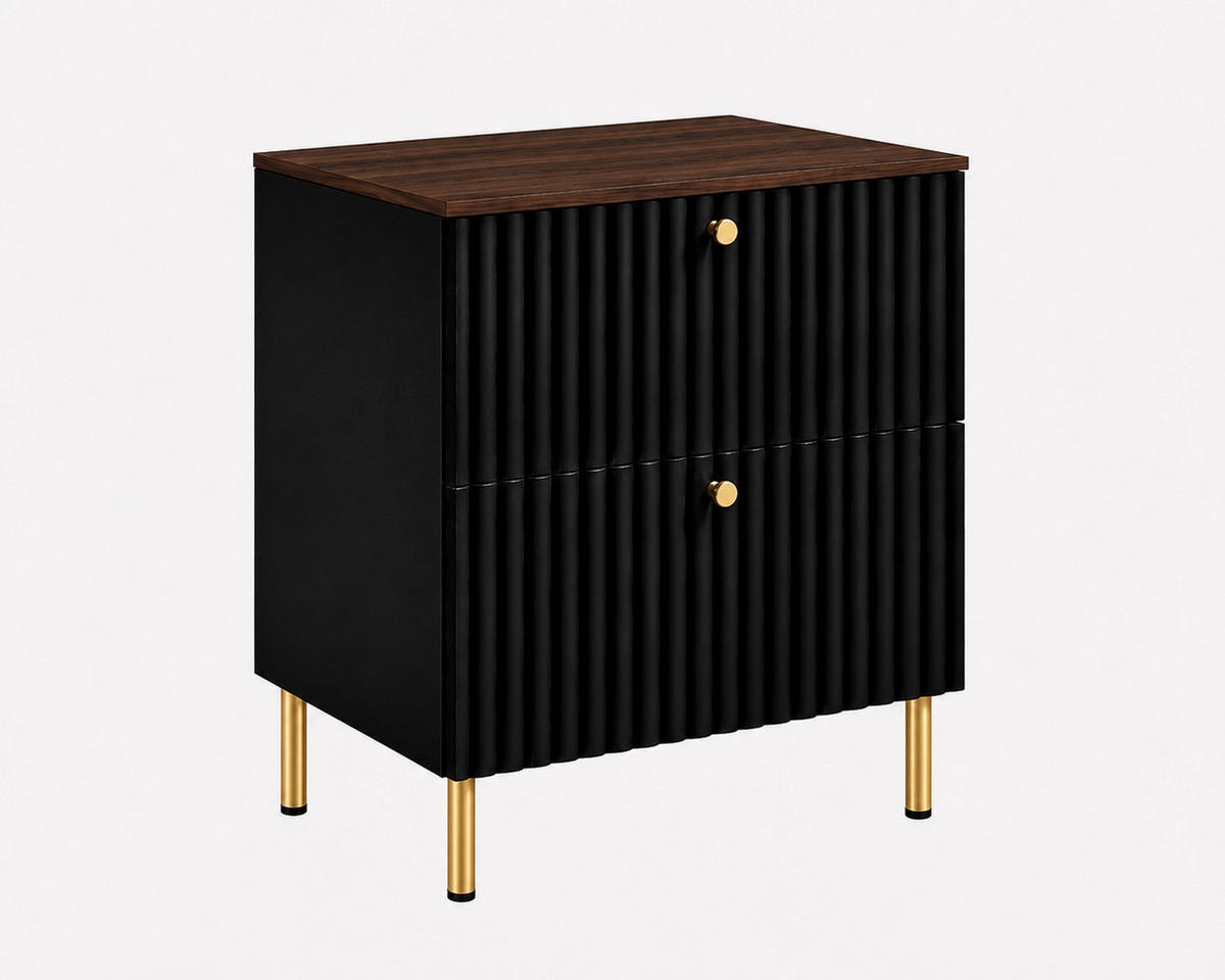 BADEZIMMERSCHRANK: Schwarz / Platte Nusseiche / Griffe Gold / Beine Gold, 60 x 44,4 x 73,6 cm - Schwarz, Holzwerkstoff (60/73.6/44.4cm) - 3XE LIVING