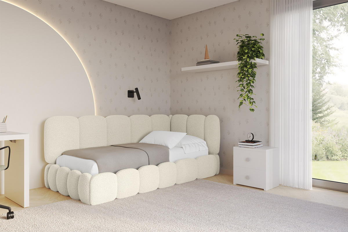 EINZELLBETT Jugendbett mit Bettkasten und Matratze H3/H4, Links - AVRY 80x200 Beige - Champagner, Holzwerkstoff/Textil (80/200cm) - ALTDECOR