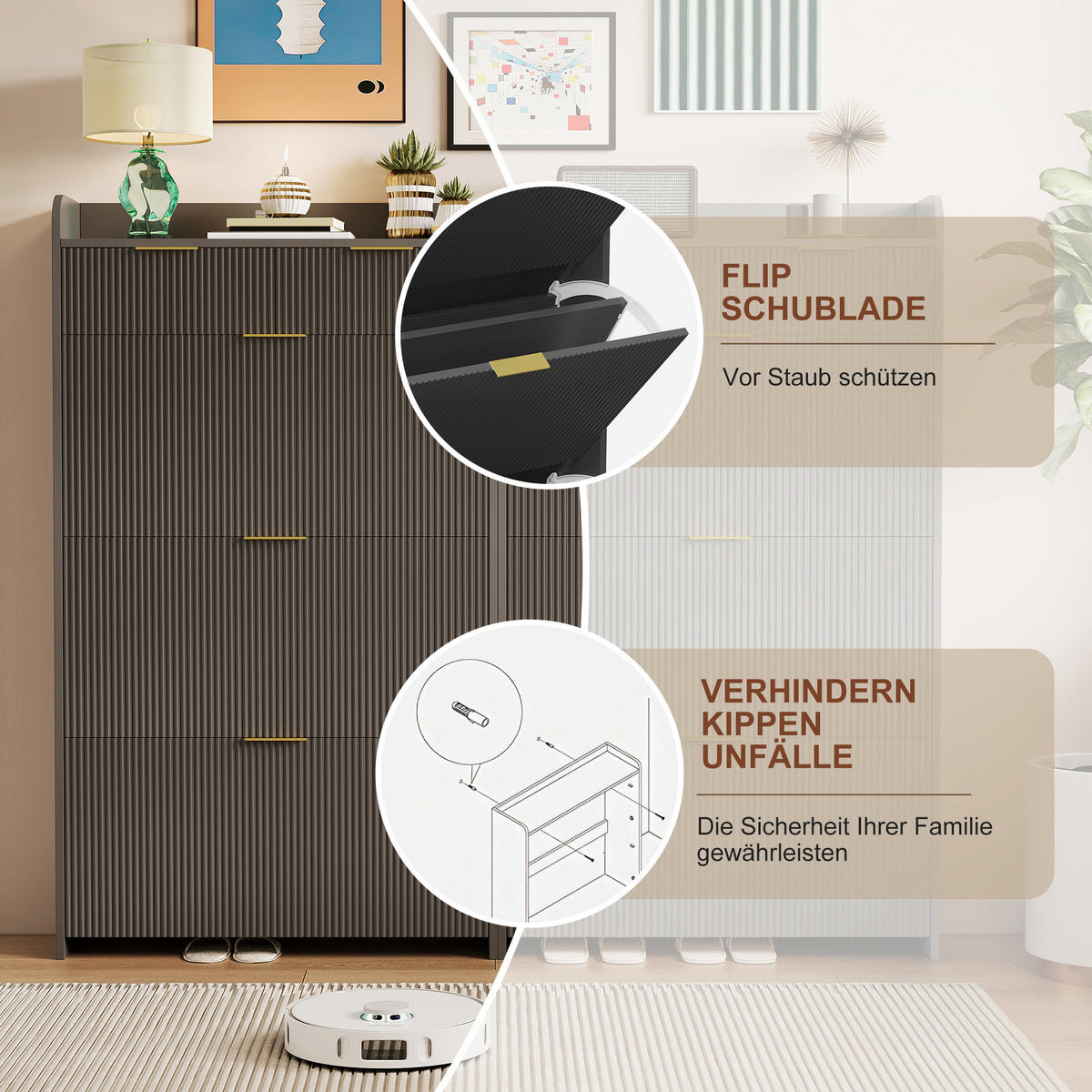 SCHUHSCHRANK mit 3 Fächern und 2 Schubladen, Eingangsmöbel, Schwarz - Schwarz, Holz (24/133/77cm) - GENKI LIVING