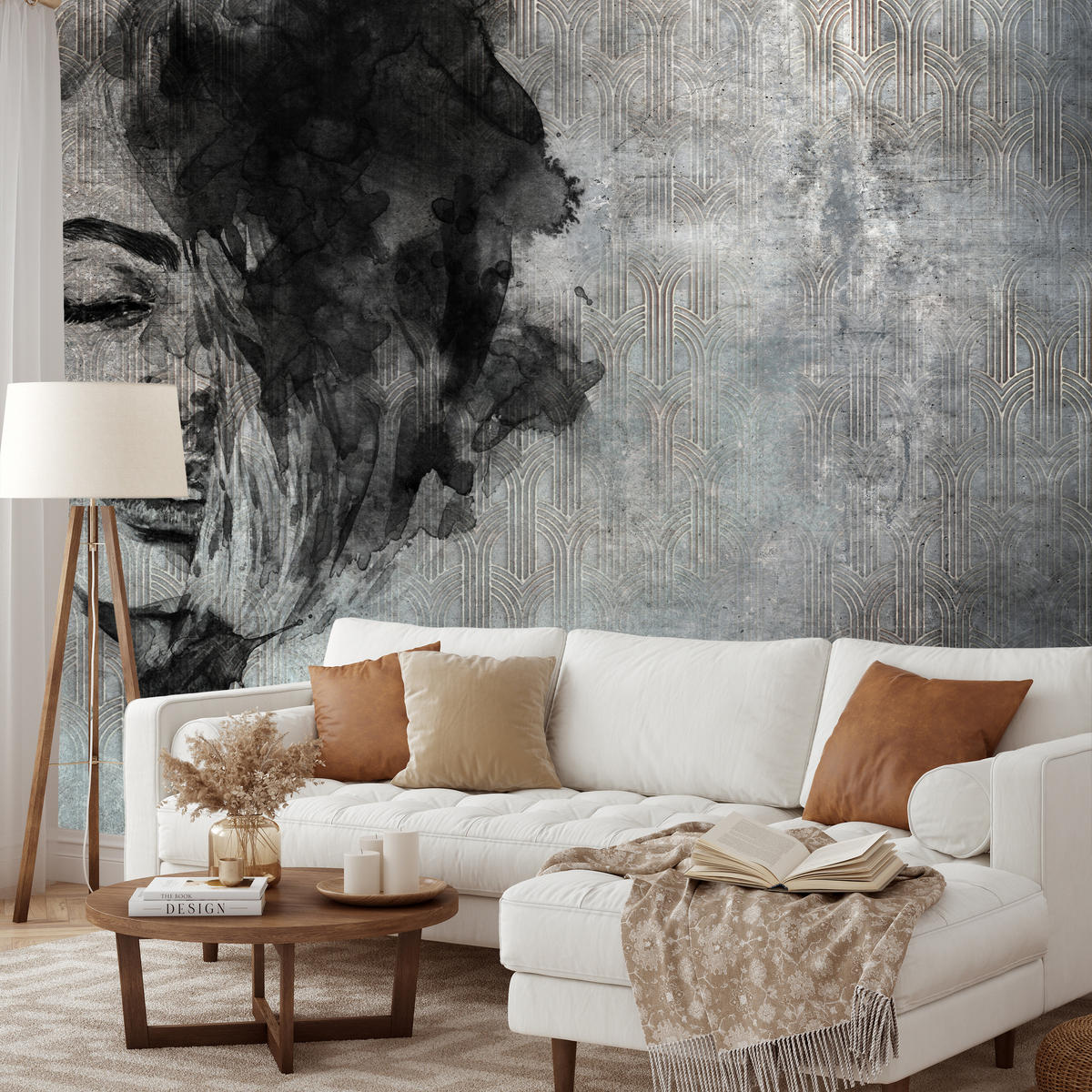 FOTOTAPETE für Wohnzimmer Abstrakte Frau Porträt Beton Ornament 150x105 - Grau, Papier (150/105cm) - Muralo