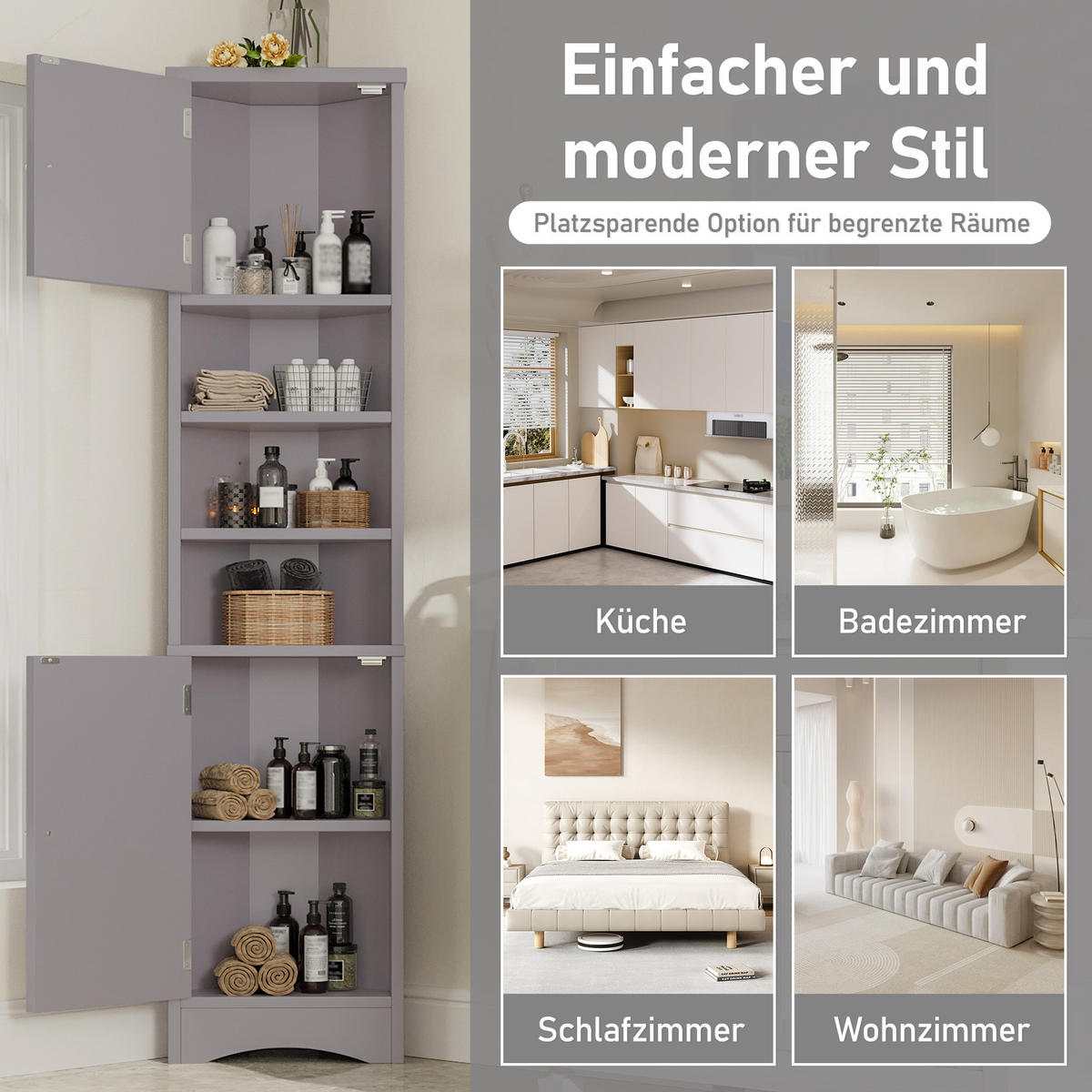 ECKSCHRANK 36.5x24.5x170cm in Grau, mit 2 Türen & verstellbaren Regalen - Grau, Holzwerkstoff (24.5/170/36.5cm) - Modfu