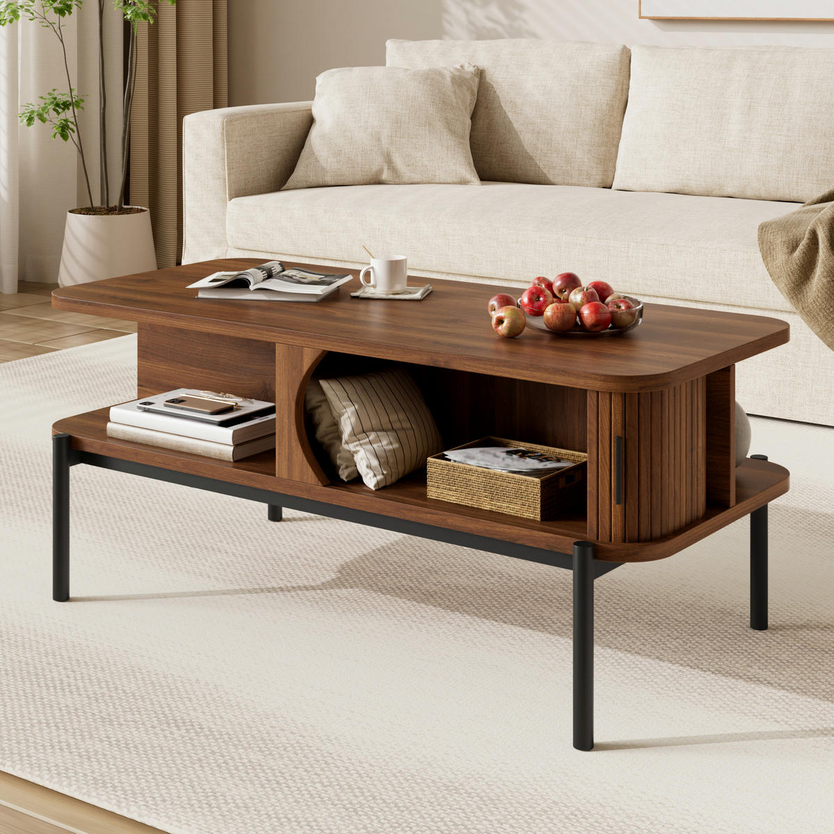COUCHTISCH 100x45x43cm mit Stauraum und Schiebetüren - Walnussfarben, Holzwerkstoff (45/100/43cm) - FLIEKS