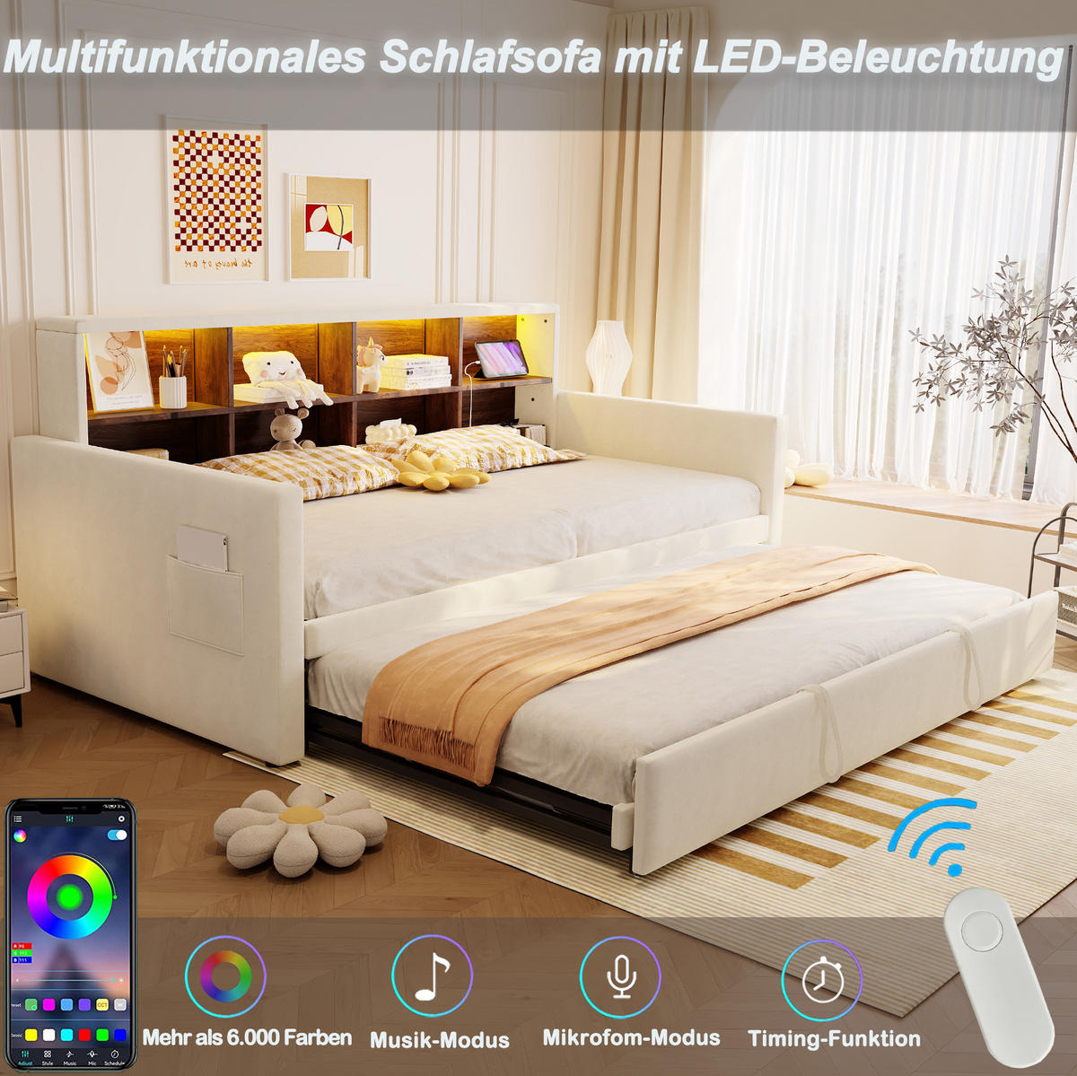 POLSTERBETT 90/180×190 cm Beige mit LED-Beleuchtung und USB- und Type-C-Anschlüssen - Beige, Textil (90/190cm) - Flora Grace