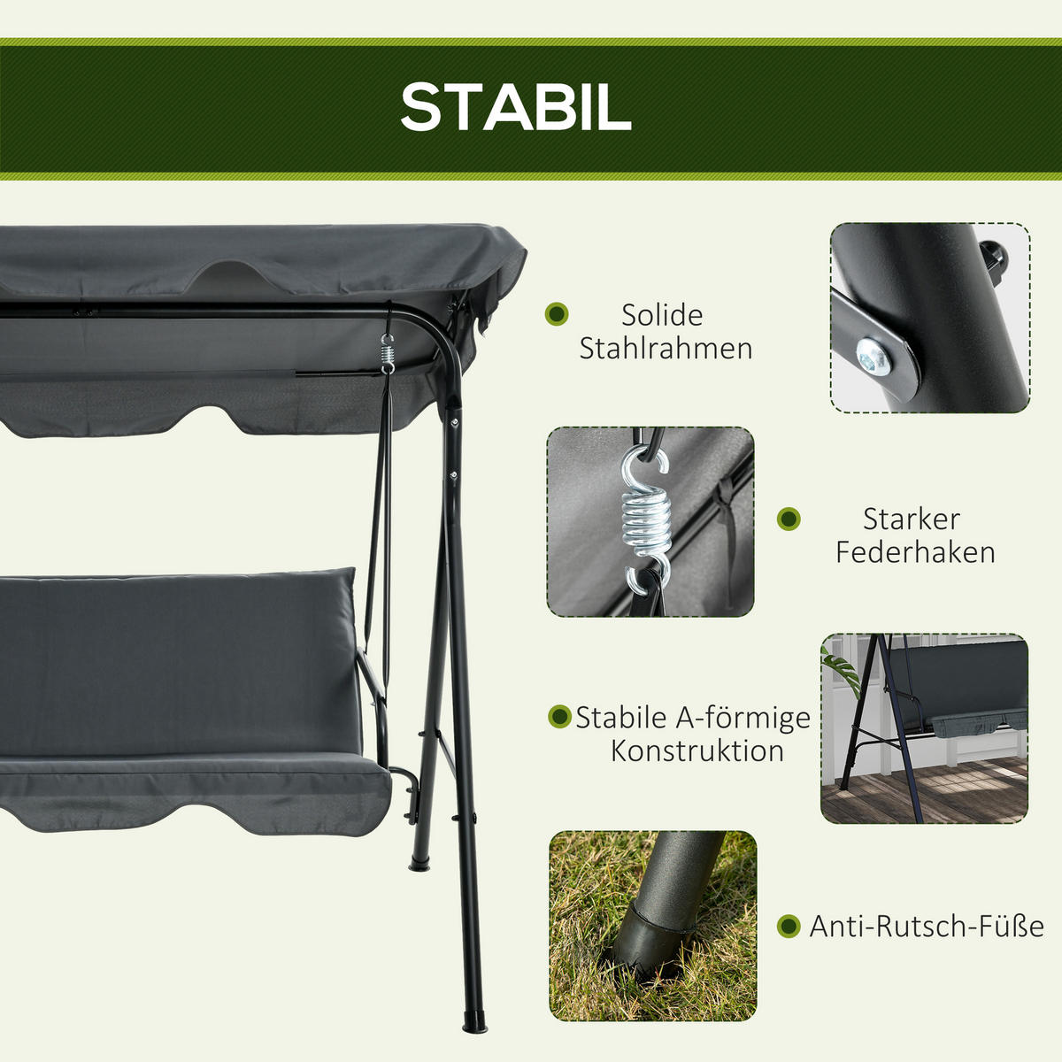 HOLLYWOODSCHAUKEL mit Sitzpolster - Grau, Metall (110/153/172cm) - Outsunny