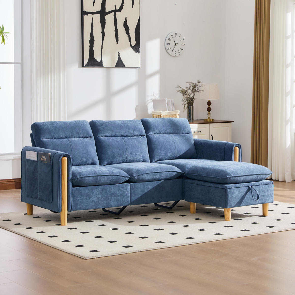 ECKSOFA DE-33940 mit Stauraumhocker und Seitentaschen Blau - Blau, Holz (77/201cm) - ComfortXL