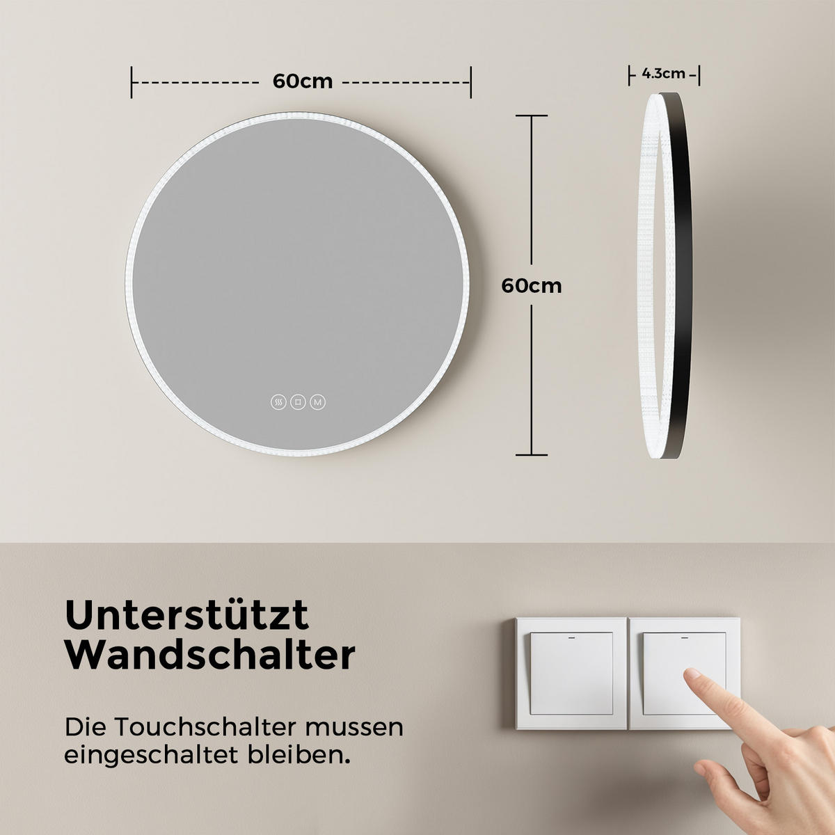 BADSPIEGEL Runder mit Beleuchtung Schwarz ф60 cm - Schwarz, Glas (60/4.3/60cm) - EMKE