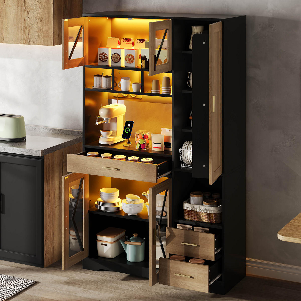 BUFFET 105/39/185 cm Natürlich mit farbwechselnder LED-Beleuchtung und 2 Schublade - Schwarz, Holz (105/185/40cm) - Oxeza