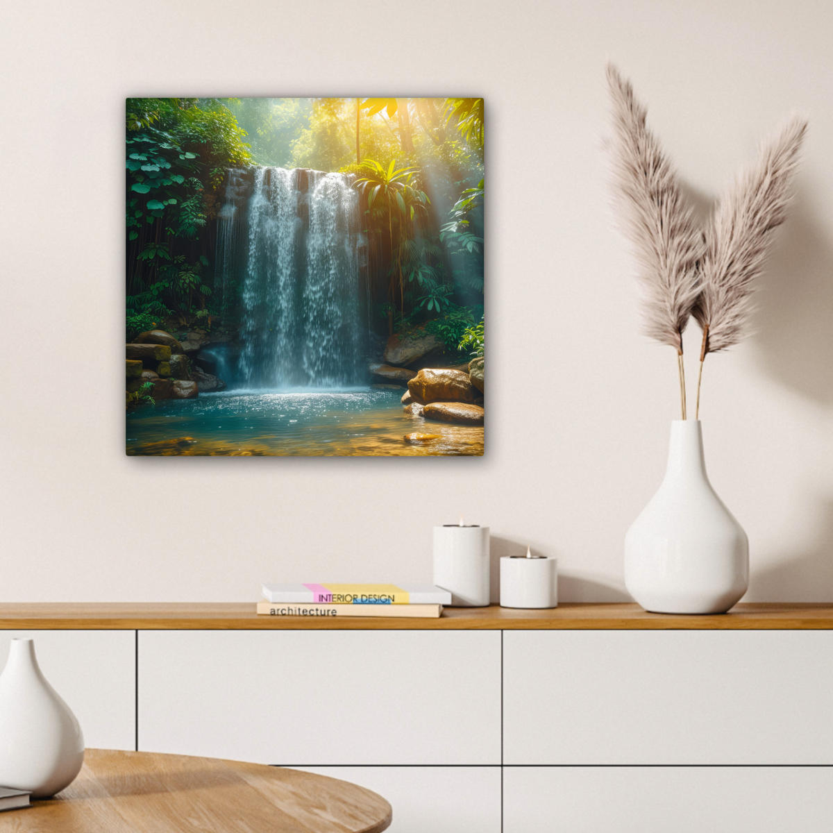 LEINWANDBILD Wasserfall - Dschungel - Sonne - Grün - Natur Wandbild Wohnzimmer 50x50 cm - Grün, Textil (50/50cm) - MuchoWow